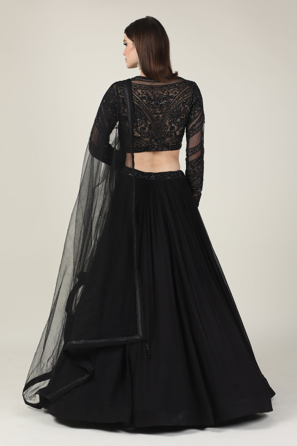 BLACK EMB FULL SLEEVE TOP WITH RUSSING SKIRT