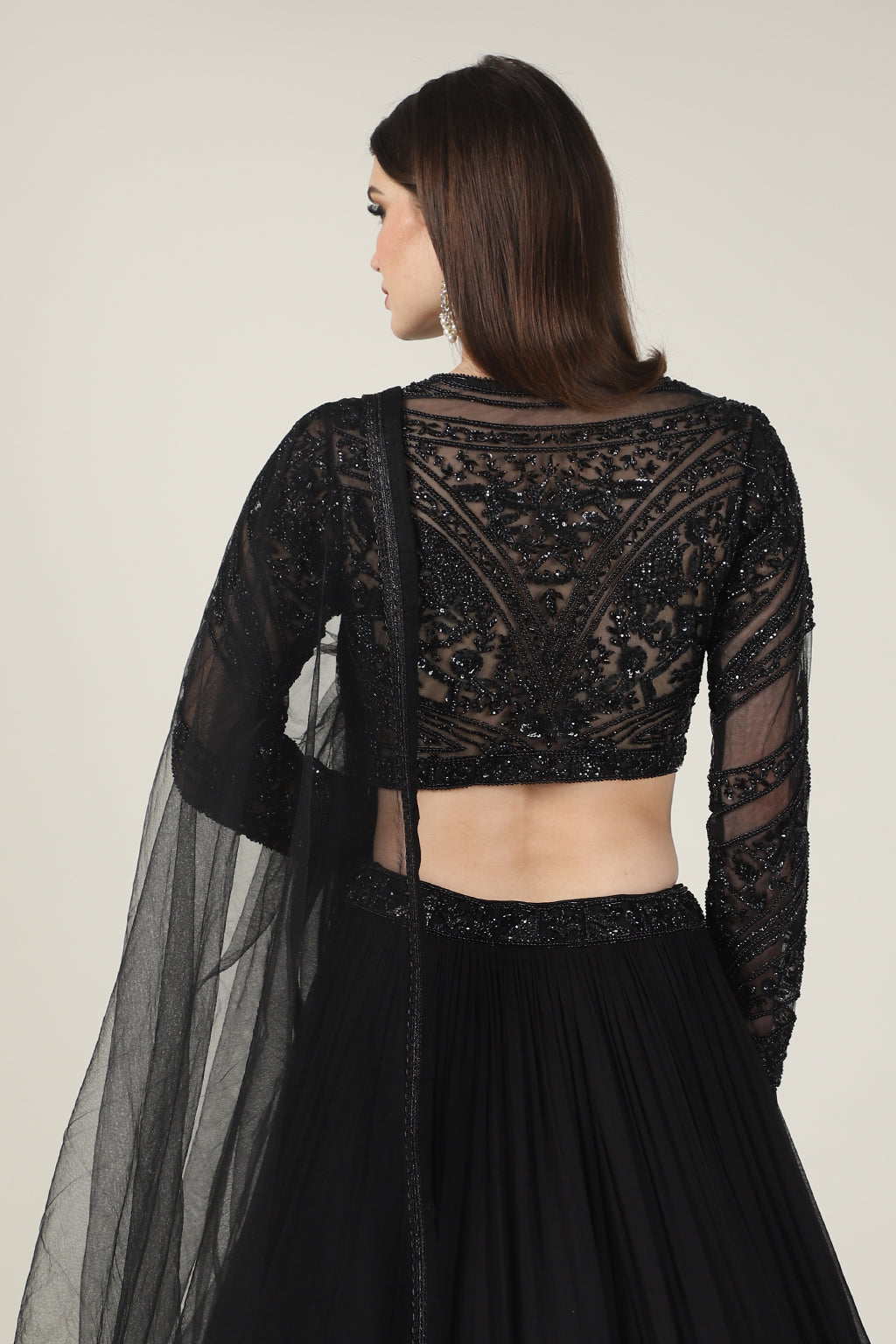 BLACK EMB FULL SLEEVE TOP WITH RUSSING SKIRT