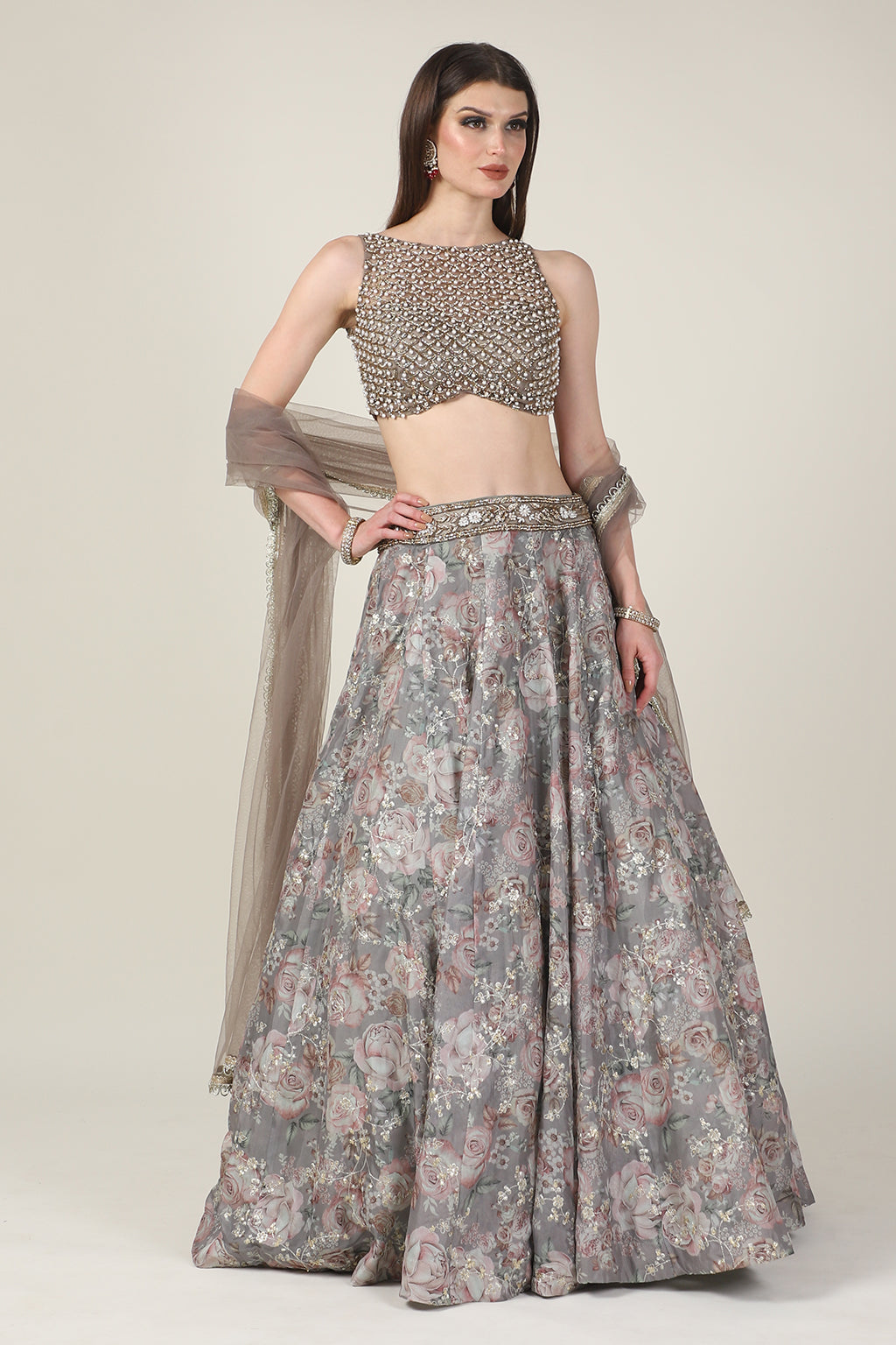 PEARL TOP WITH GREY PRINTED ZARI SKIRT