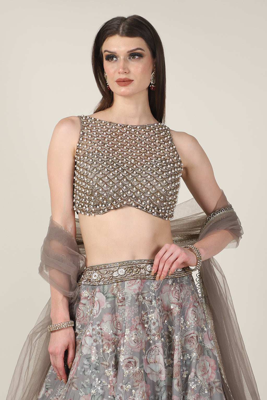 PEARL TOP WITH GREY PRINTED ZARI SKIRT