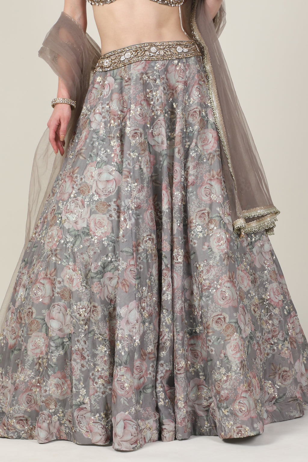 PEARL TOP WITH GREY PRINTED ZARI SKIRT