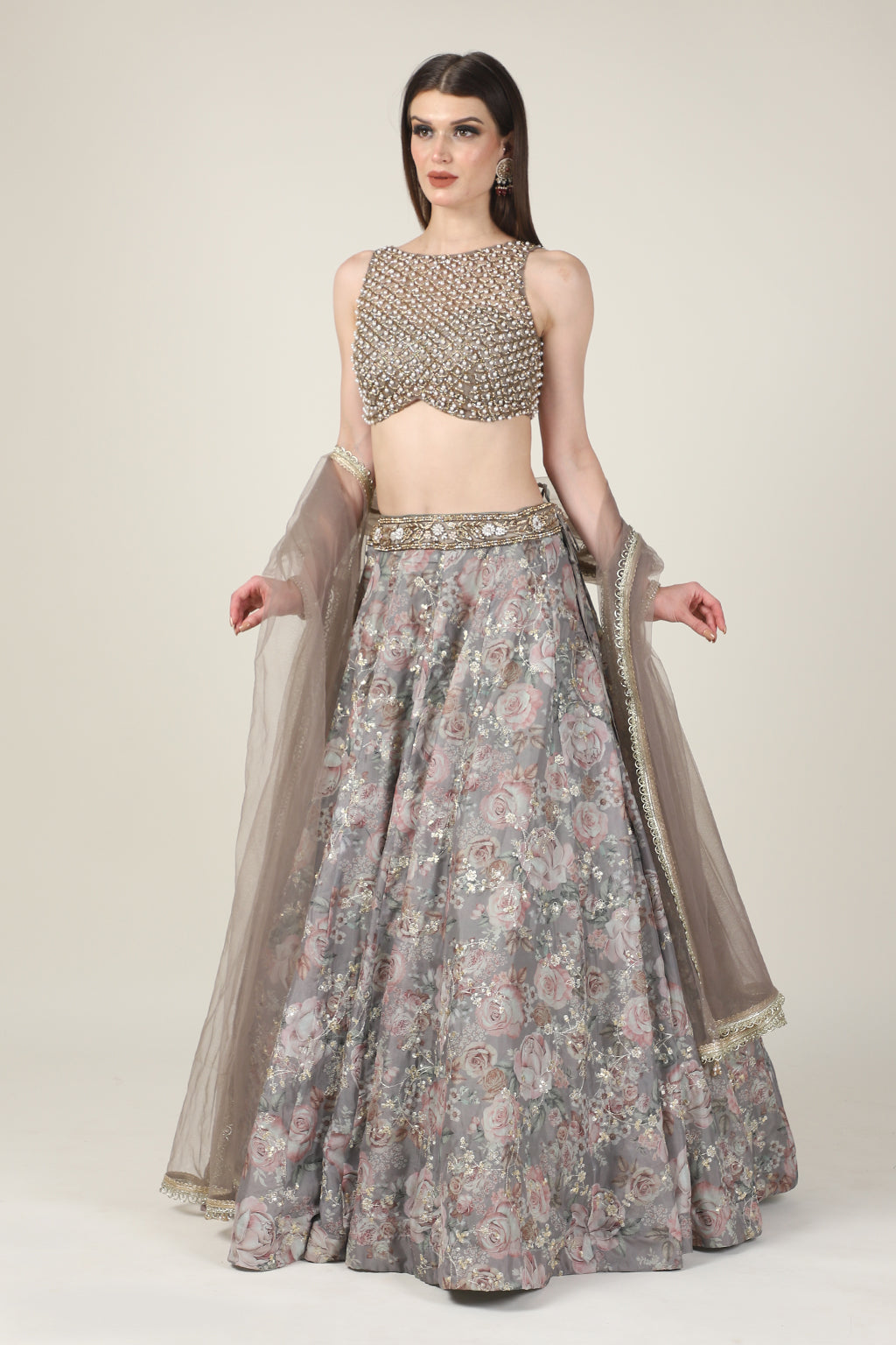 PEARL TOP WITH GREY PRINTED ZARI SKIRT