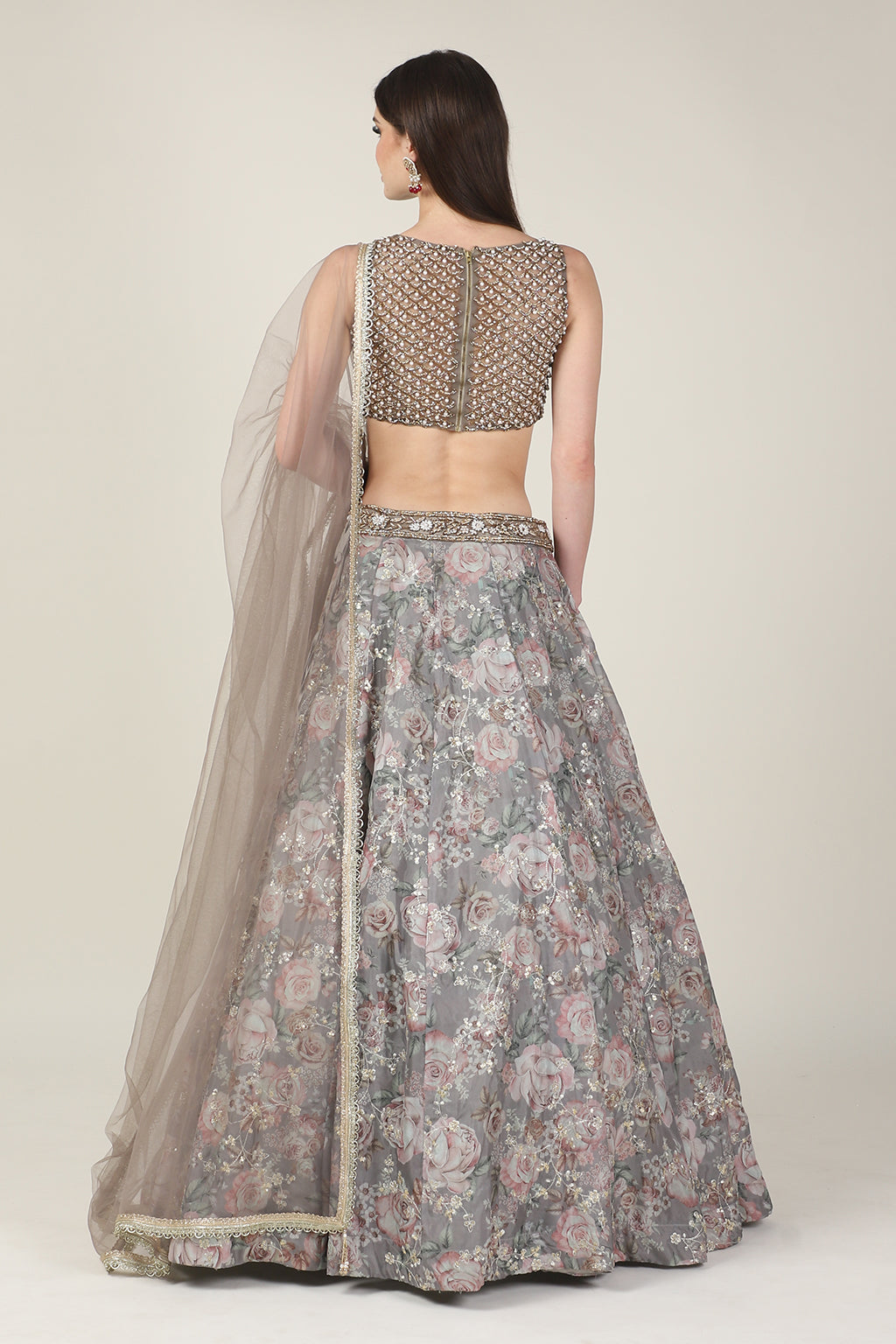 PEARL TOP WITH GREY PRINTED ZARI SKIRT