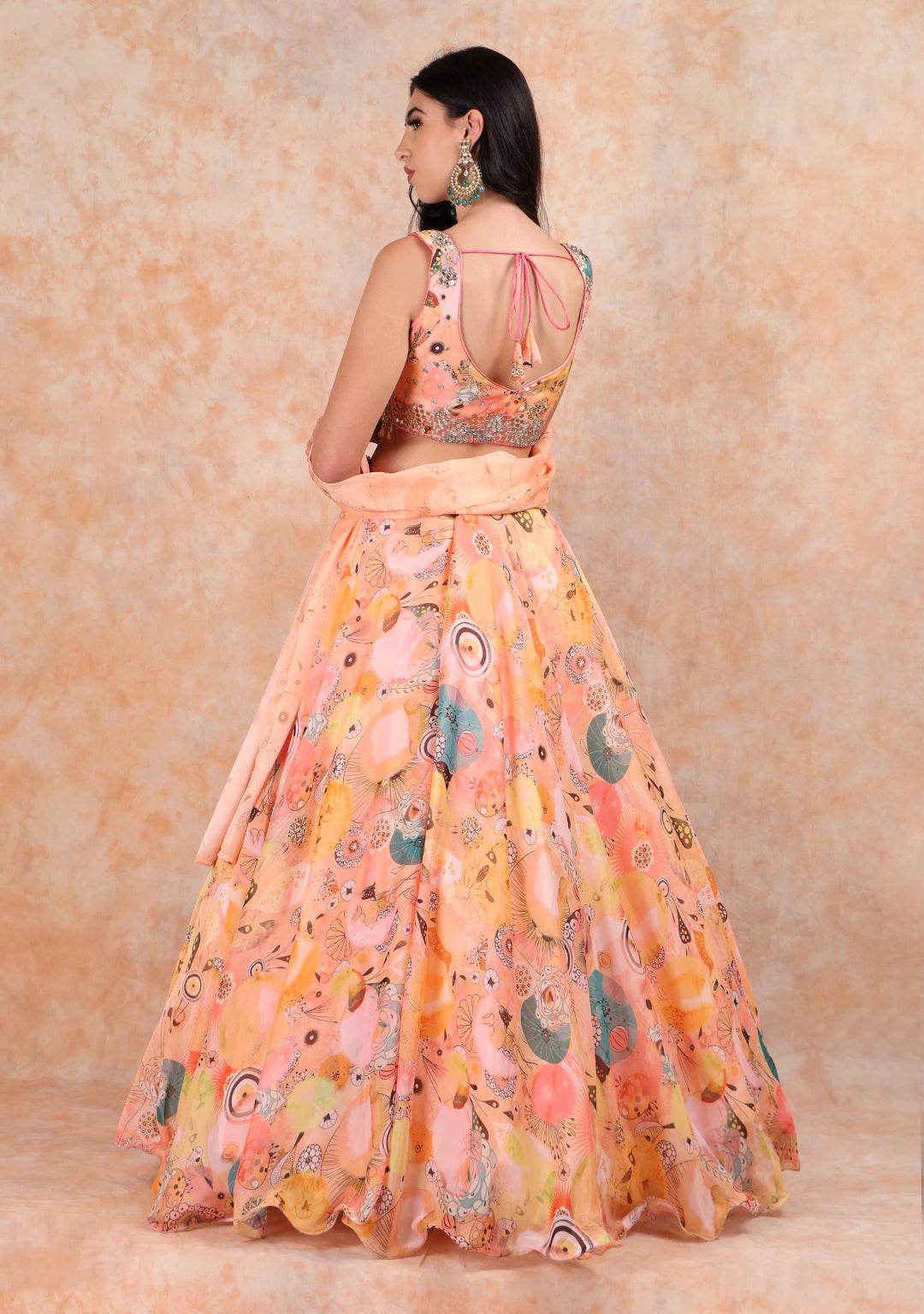 PEACH PRINTED ORGANZA LEHENGA & DUPATTA WTH ELEGANT TOP