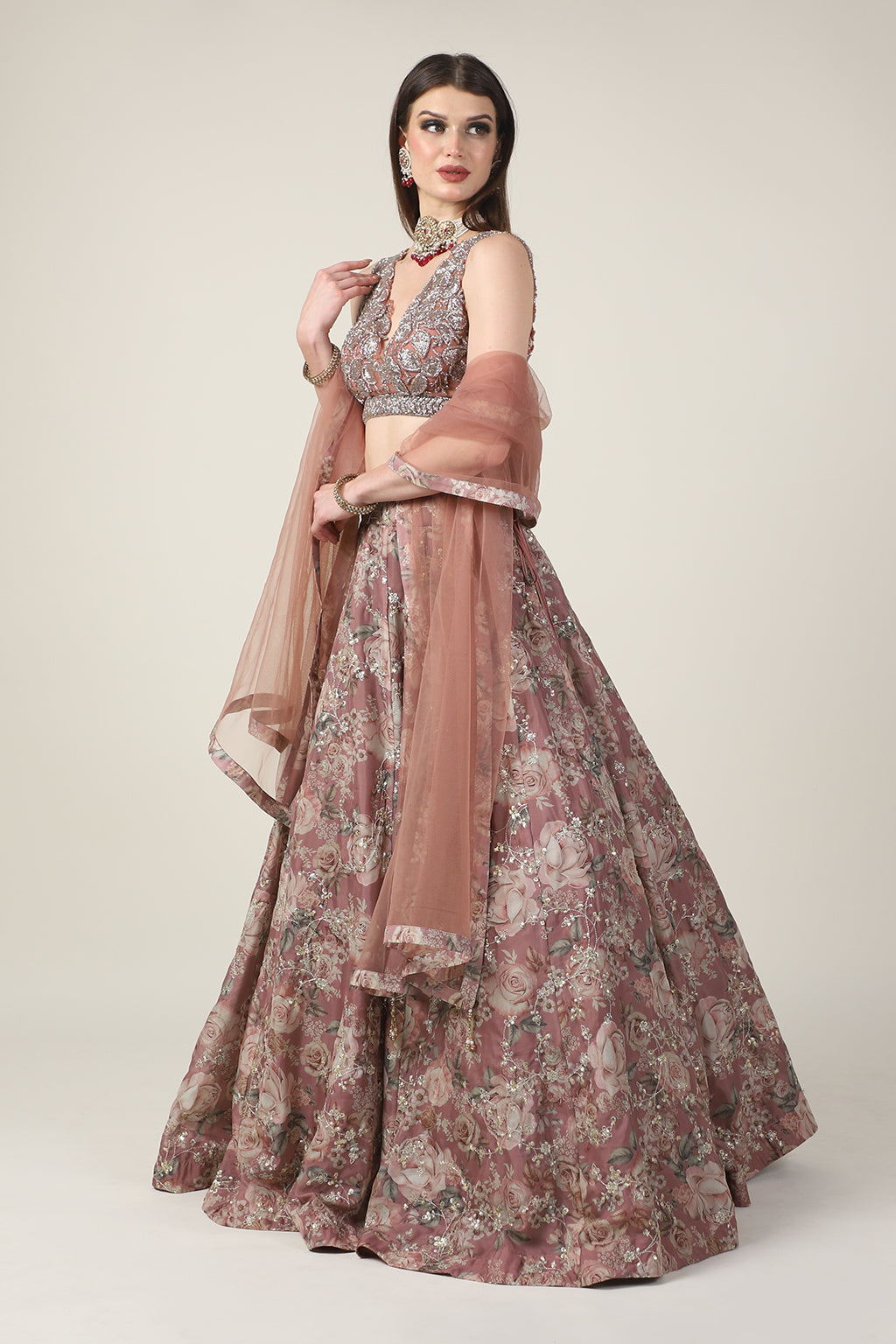 DULL PINK EMB TOP WITH PRINTED ZARI SKIRT