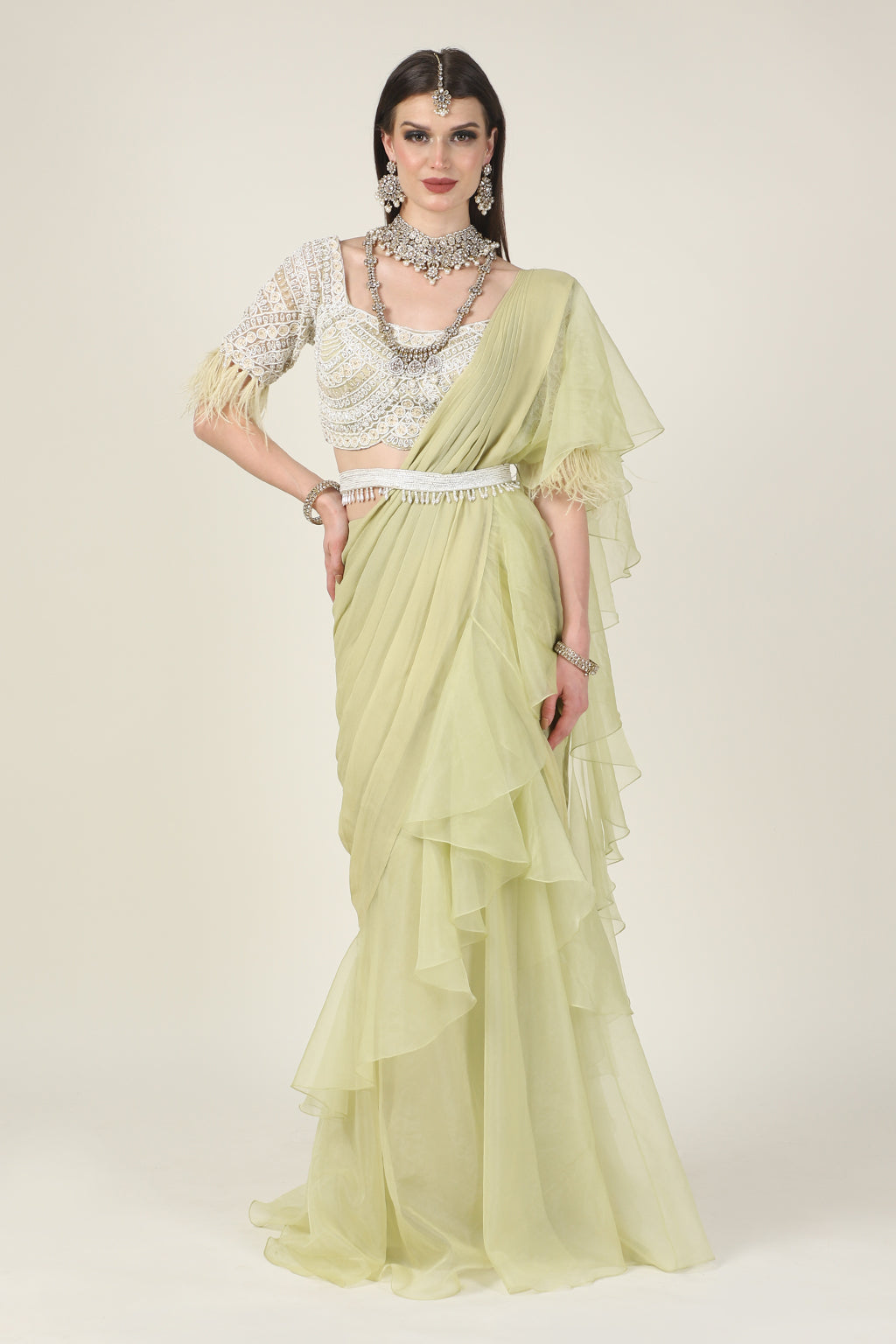 PISTA GREEN EMB TOP, FEATHER ON SLEEVE WITH DRAPE SAREE