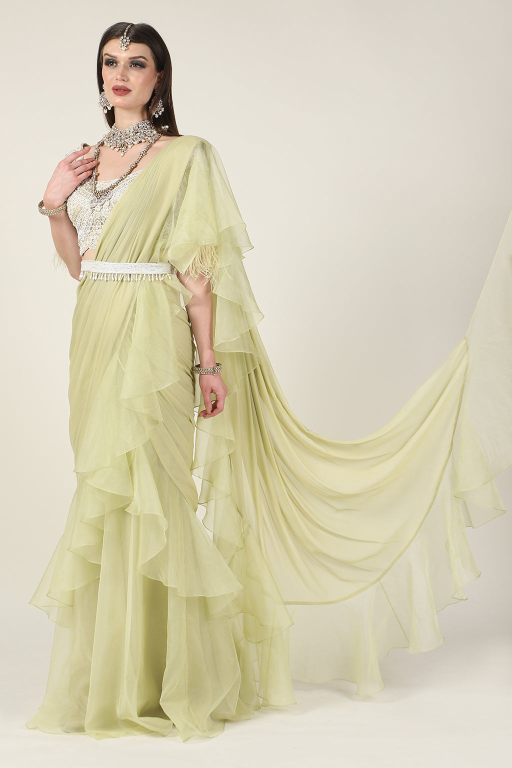 PISTA GREEN EMB TOP, FEATHER ON SLEEVE WITH DRAPE SAREE