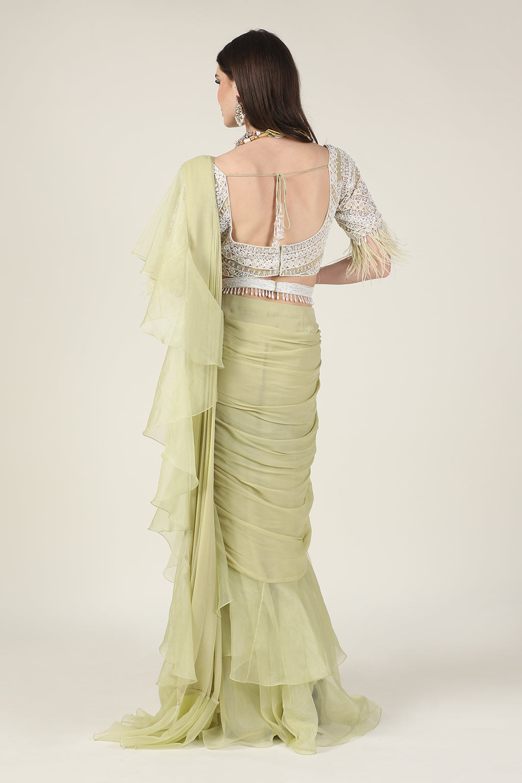 PISTA GREEN EMB TOP, FEATHER ON SLEEVE WITH DRAPE SAREE