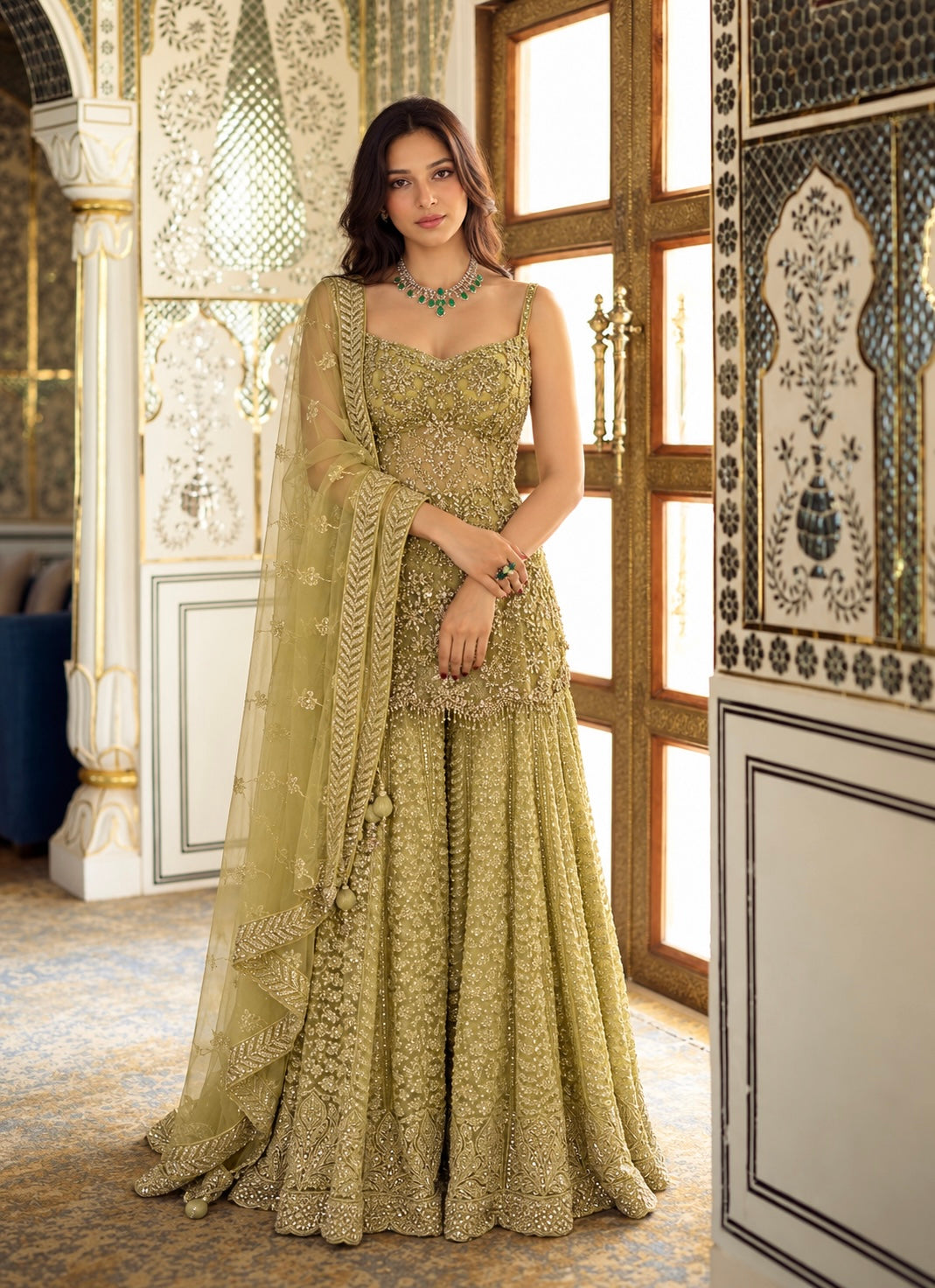 Pista Green Embroidered Sharara Set