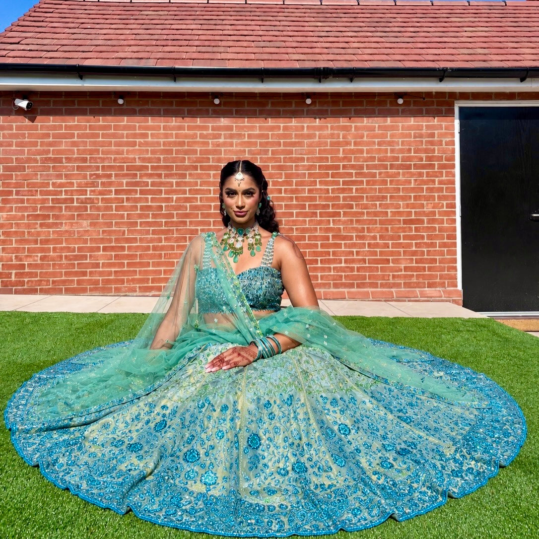 Bride Aman in Aqua Blue & Teal Embroidered Lehenga
