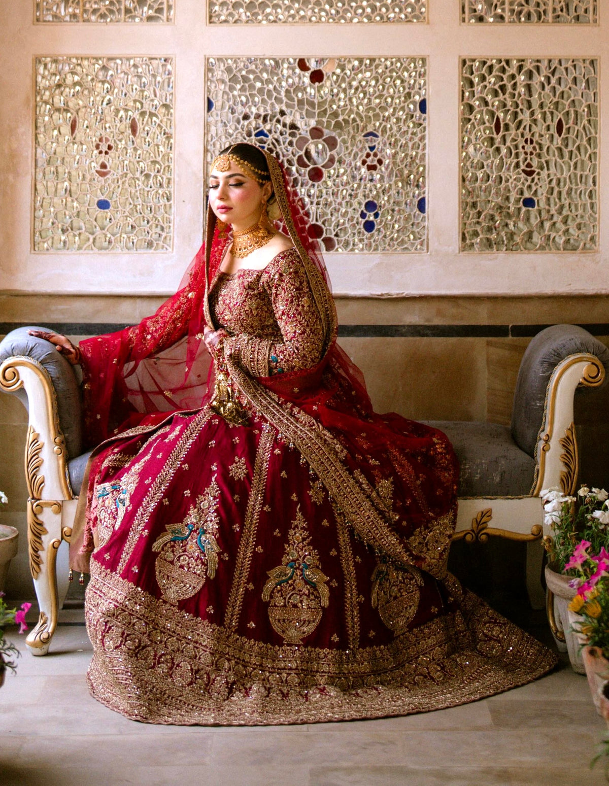 Anam in Ruby Maroon Bridal Lehenga