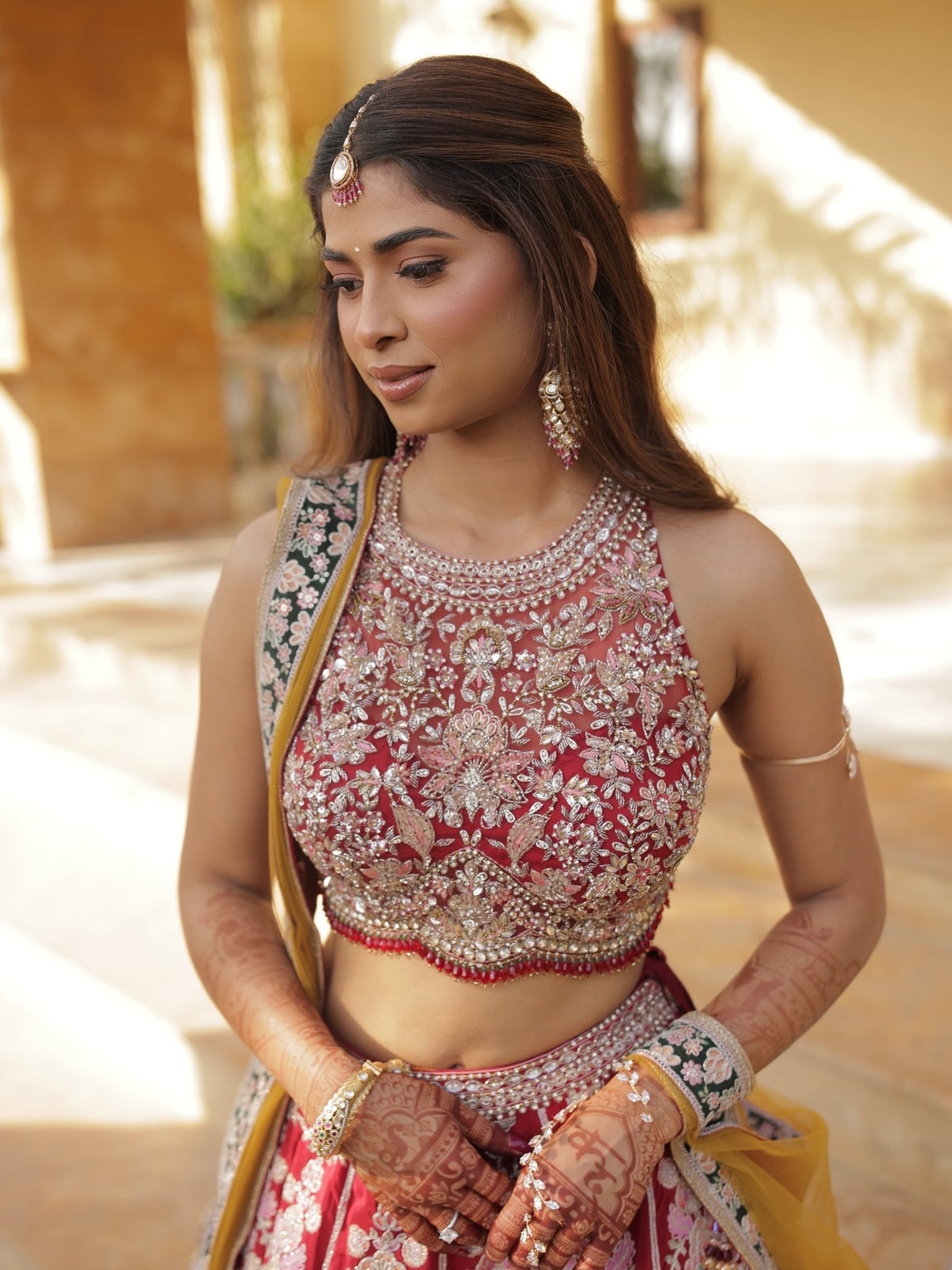 Krinal in Crimson Mustard Lehenga