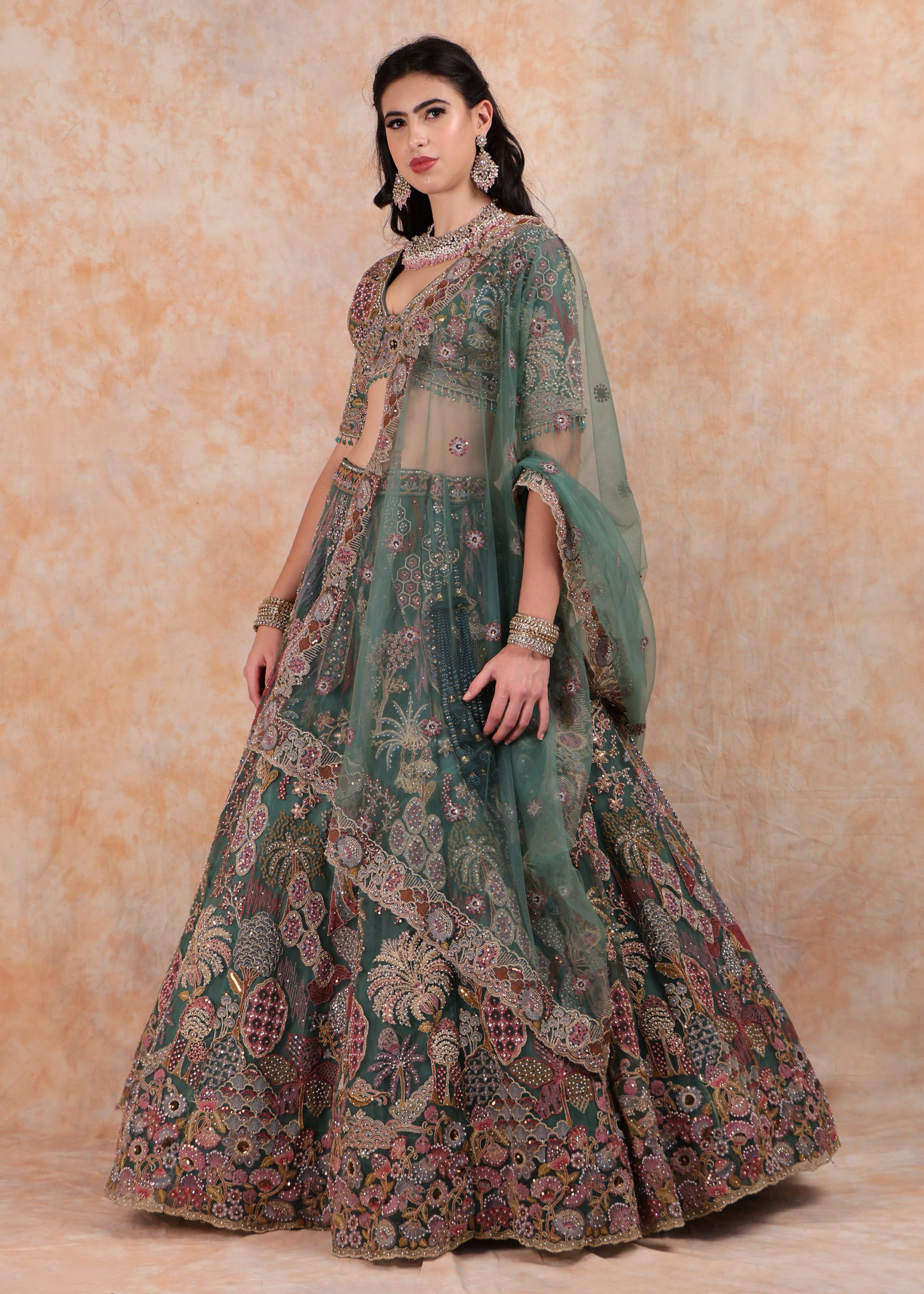 RAMA GREEN EMBROIDERY LEHENGA AND TOP WITH DUPATTA