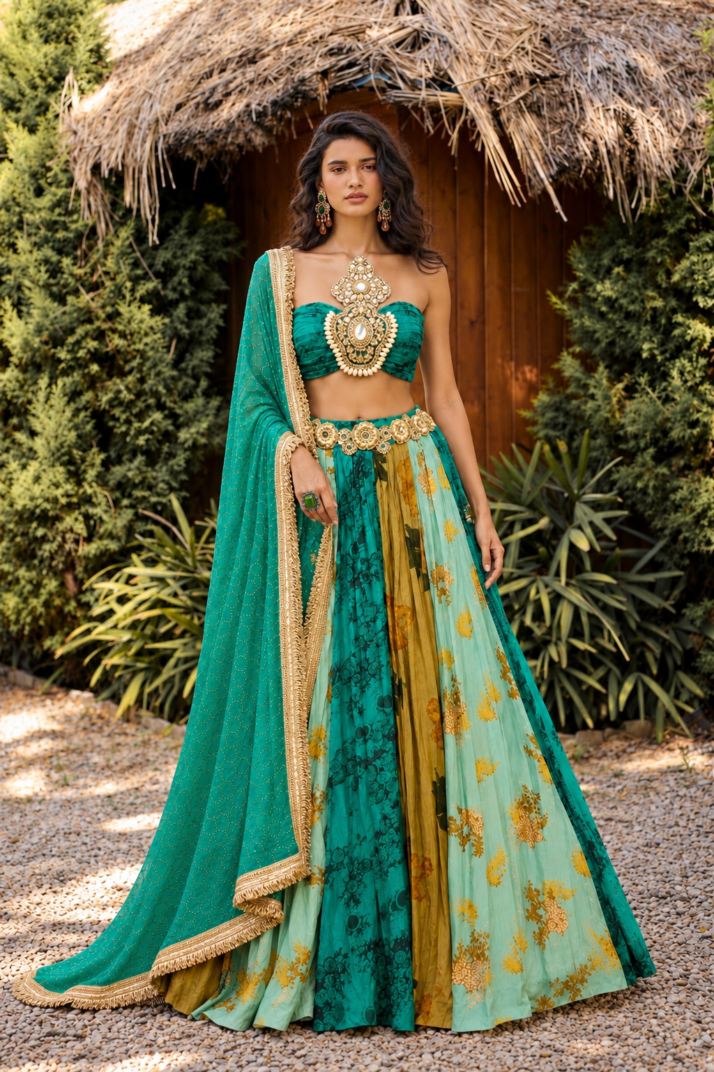 Teal Mustard Floral Lehenga
