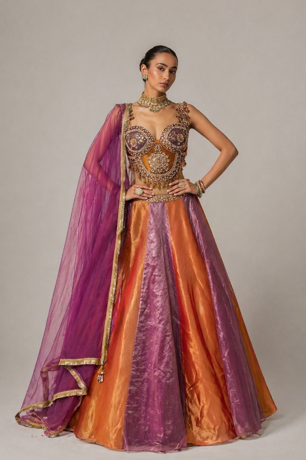 Mustard Multicolour Linear Lehenga With Antique embroidery and with dupatta