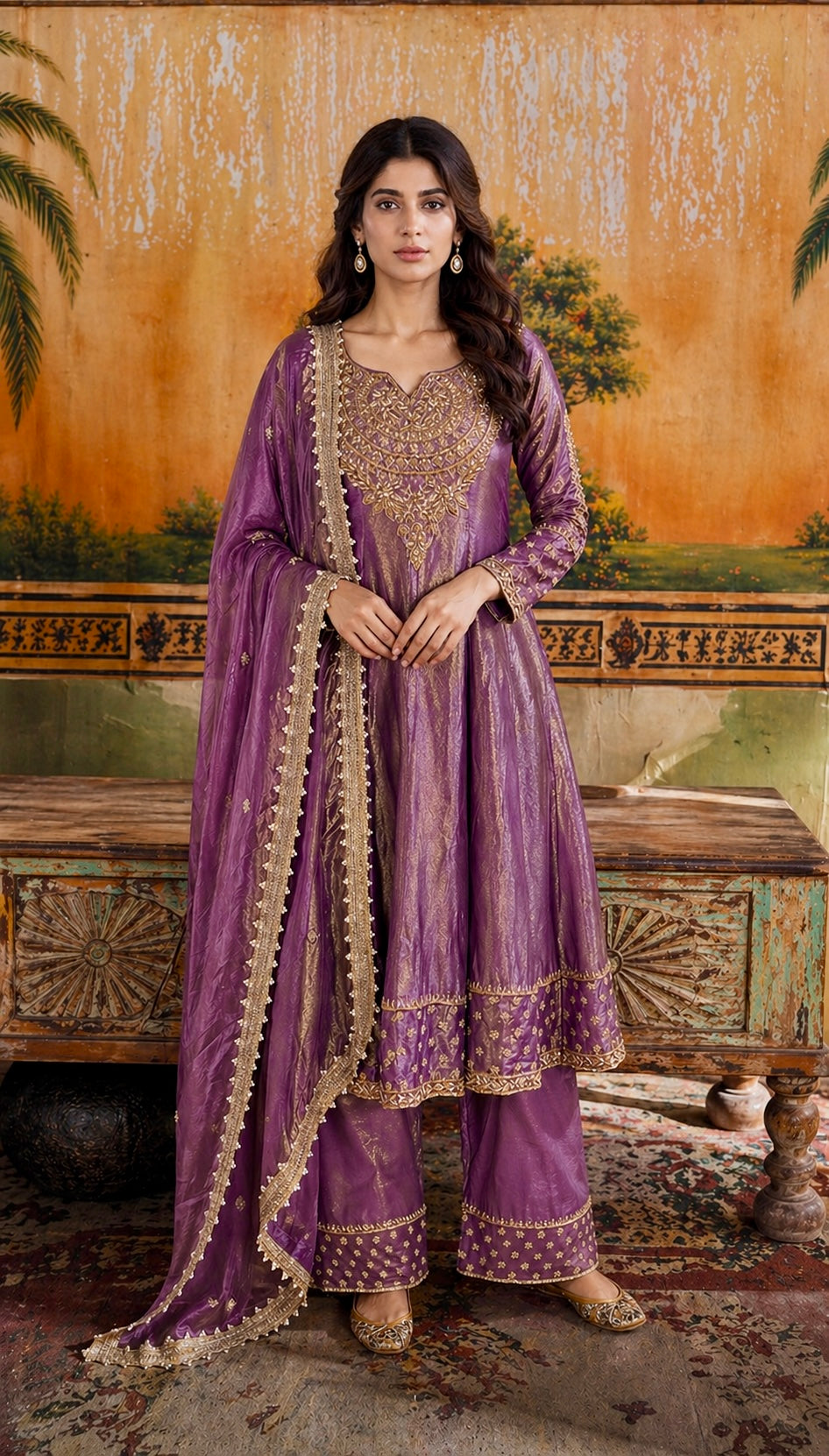 Purple embroidered tissue silk peplum suit paired with dupatta