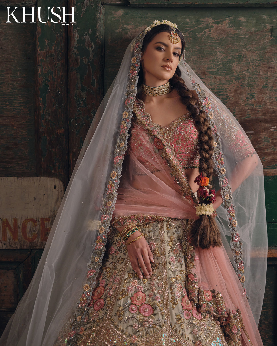 Flora sage green and Pink lengha set with veil