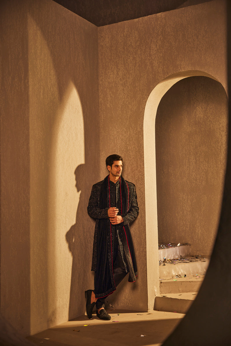 ELEGANT BLACK SHERWANI WITH TROUSER AND PALLA