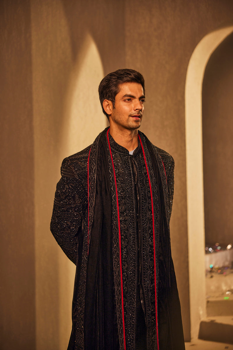 ELEGANT BLACK SHERWANI WITH TROUSER AND PALLA