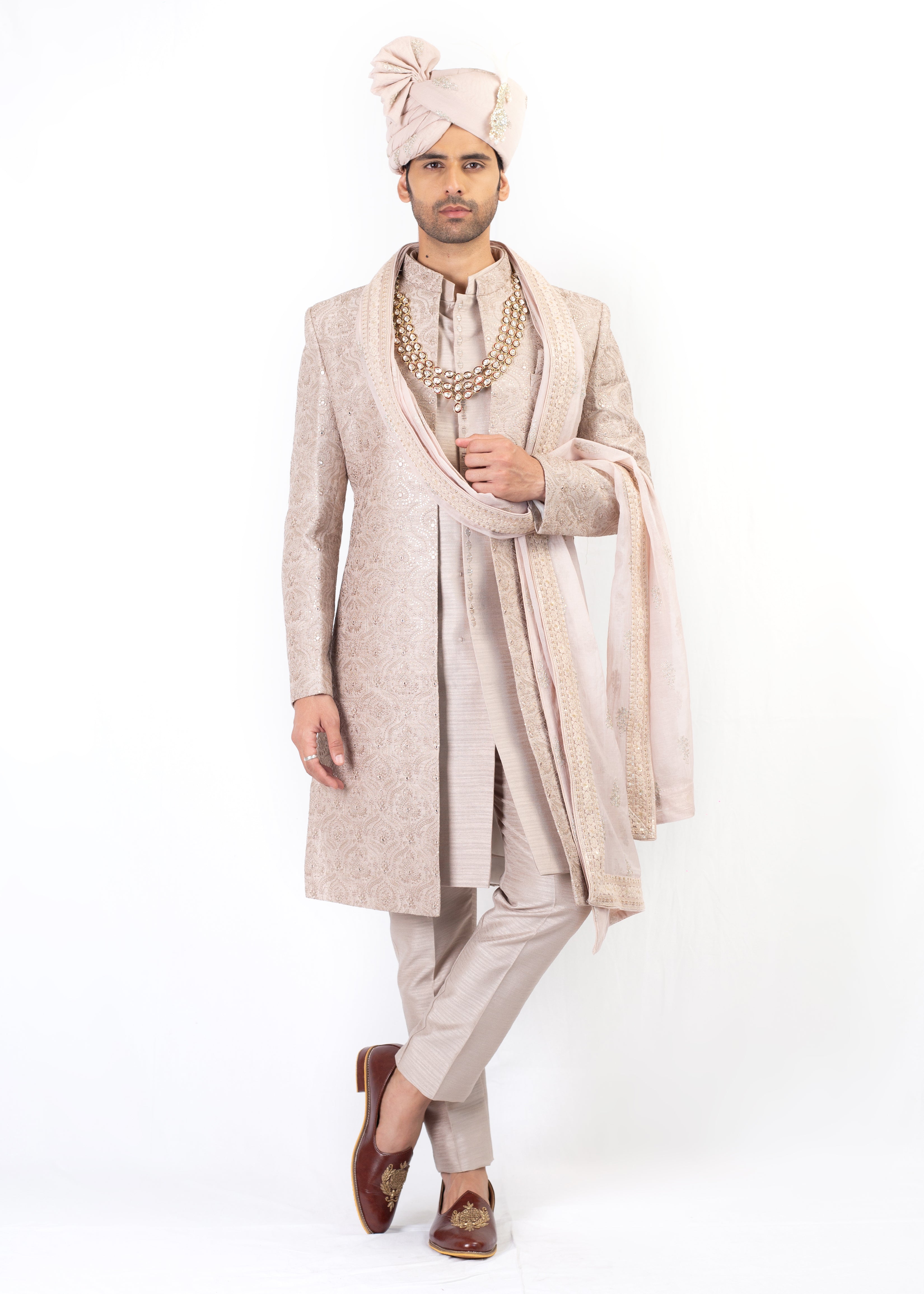 LIGHT GOLD EMBROIDERY SHERWANI & KURTA TROUSER WITH TURBAN & PALLA