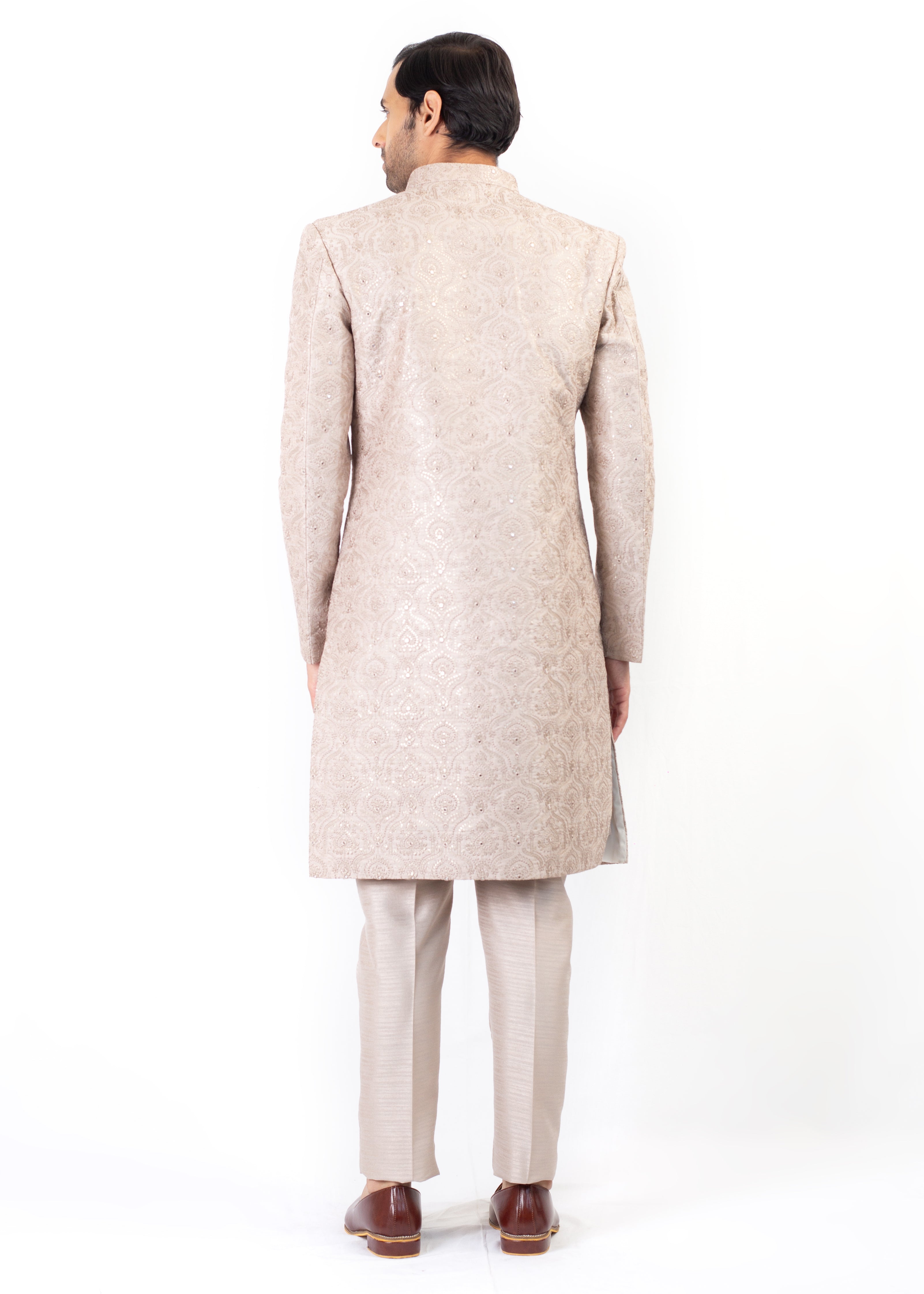 LIGHT GOLD EMBROIDERY SHERWANI & KURTA TROUSER WITH TURBAN & PALLA