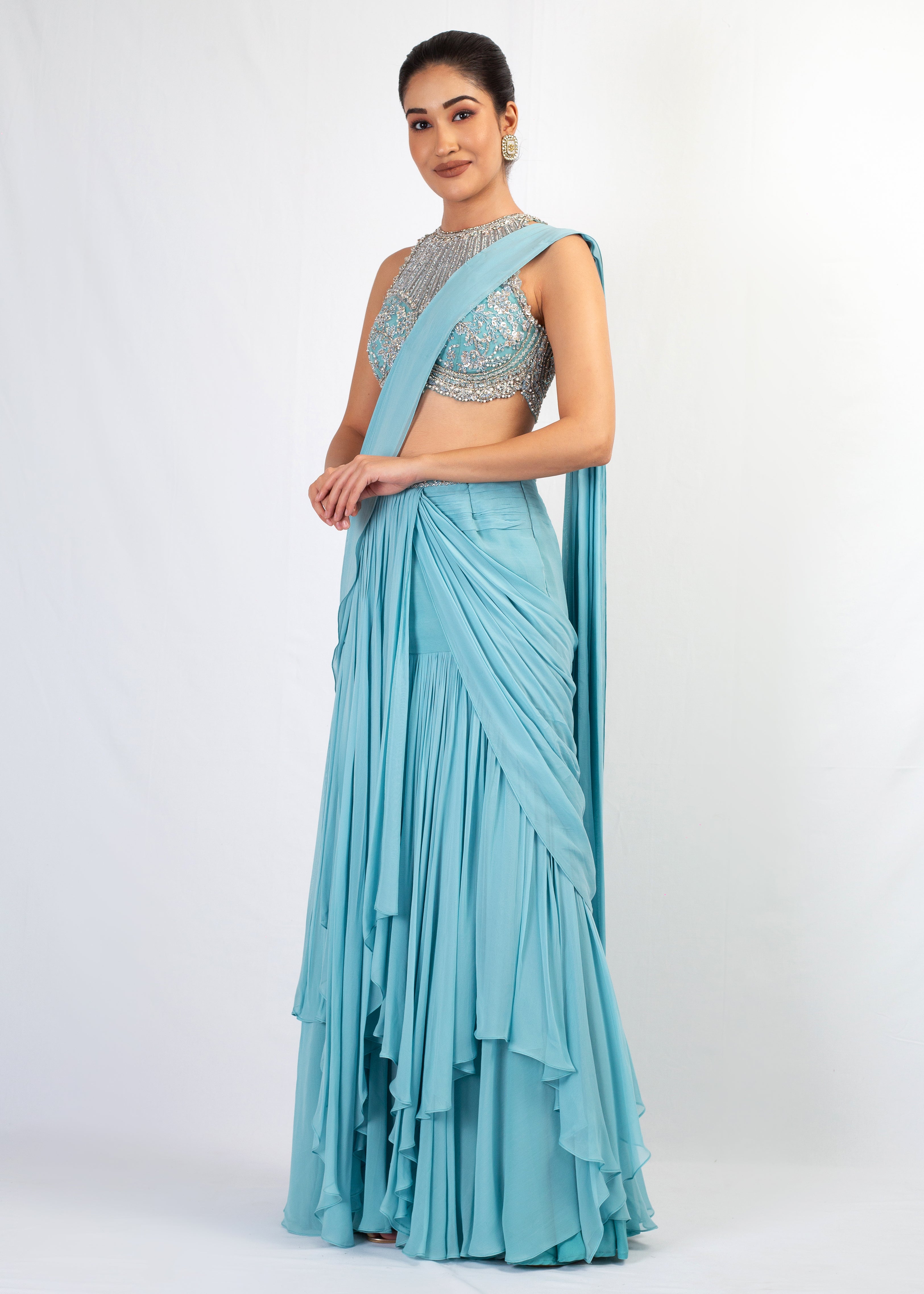 HALTER EMBROIDERED TOP WITH ICE BLUE GEORGETTE SAREE