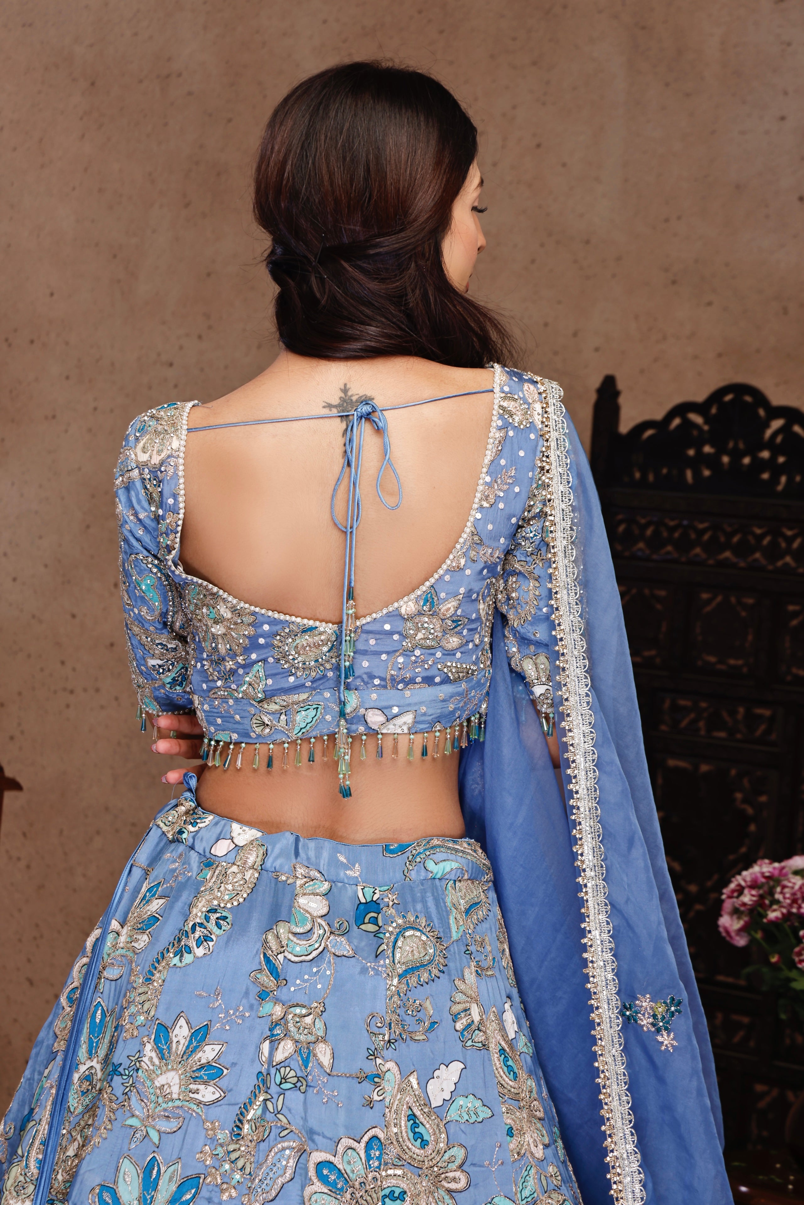 GOLDEN EMBROIDERY AND BLUE PRINTED FABRIC WITH PRINTED SKIRT