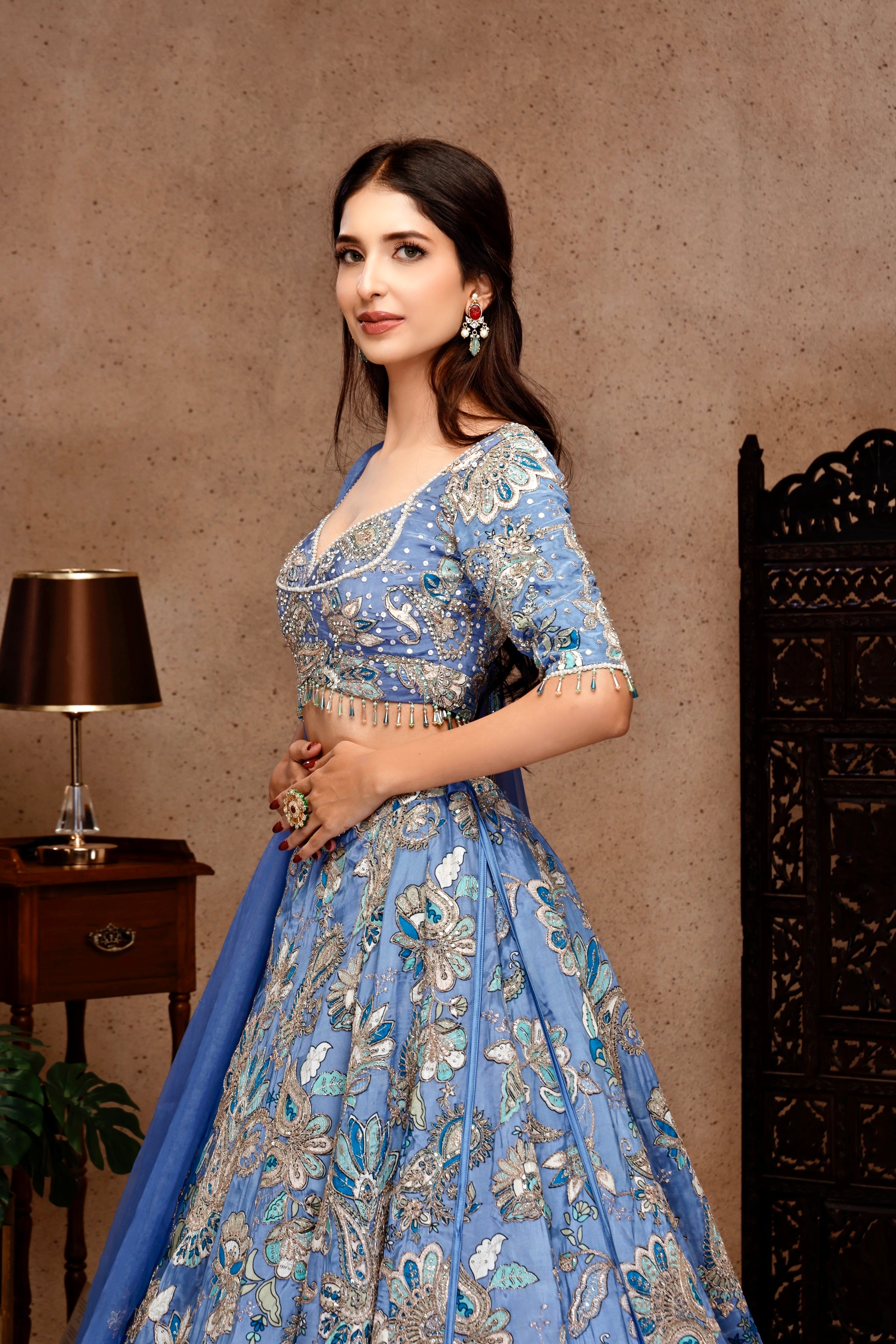 GOLDEN EMBROIDERY AND BLUE PRINTED FABRIC WITH PRINTED SKIRT