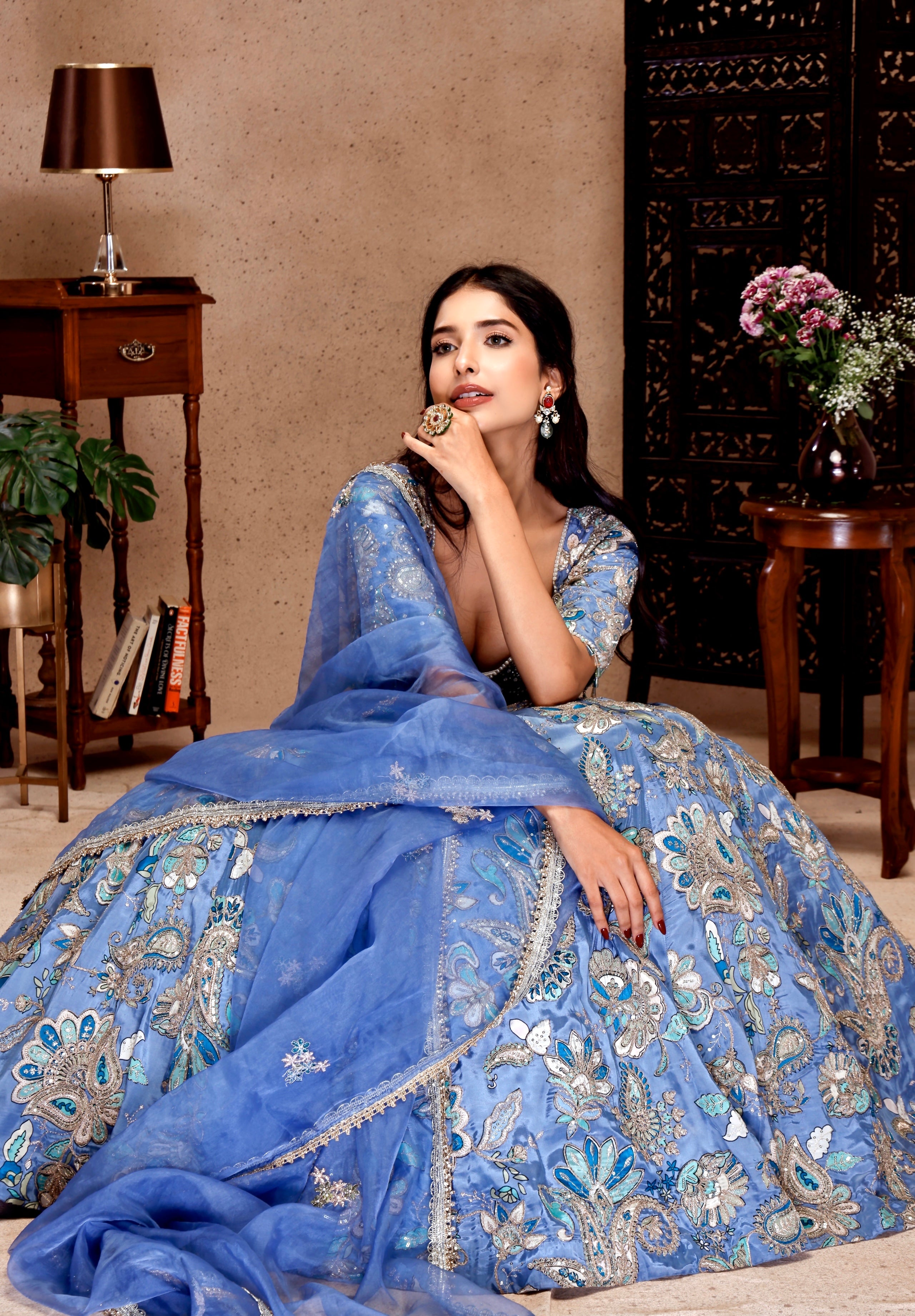 GOLDEN EMBROIDERY AND BLUE PRINTED FABRIC WITH PRINTED SKIRT
