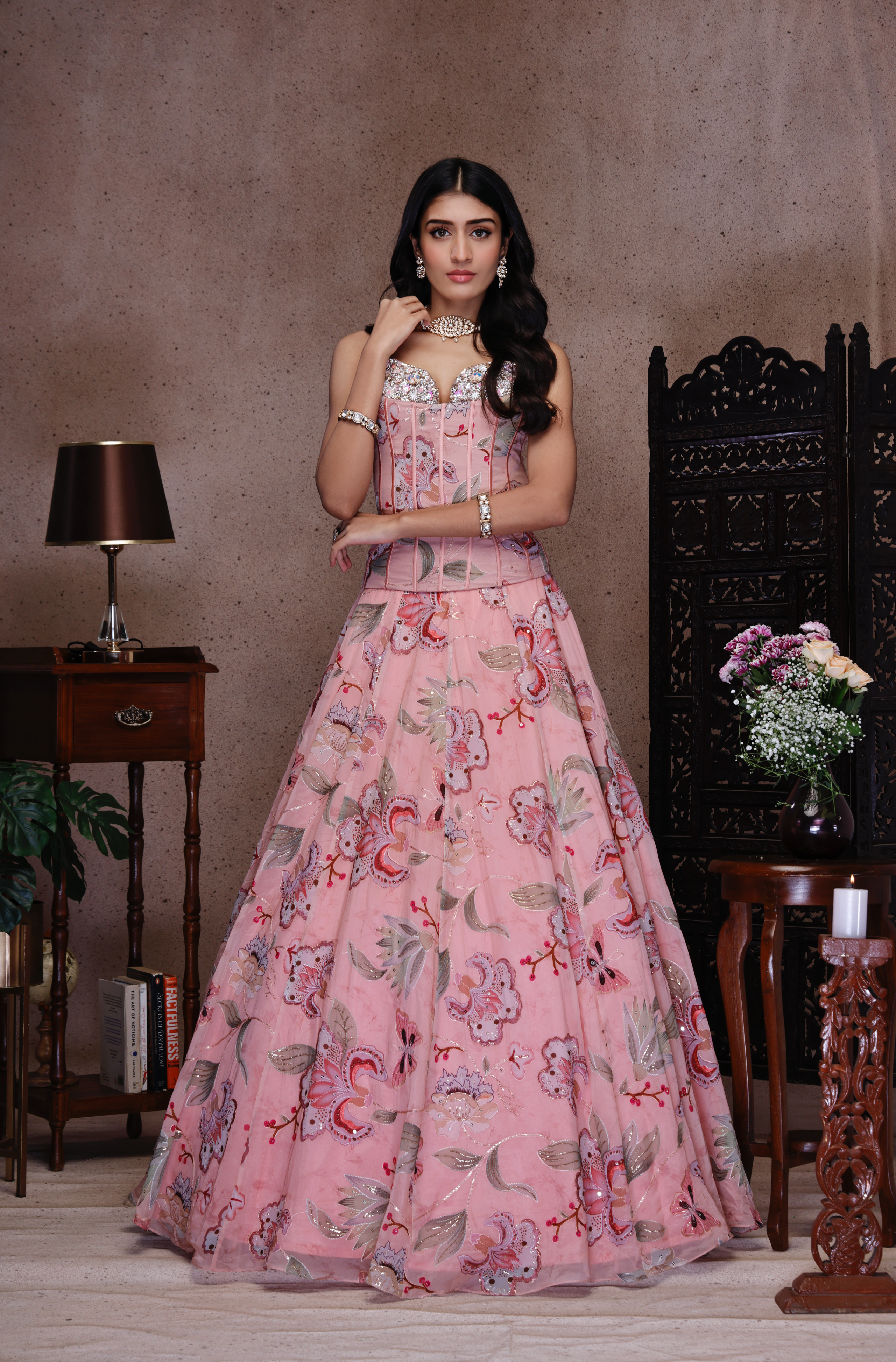 PINK EMBROIDERY CORSET WITH SKIRT AND DUPATTA