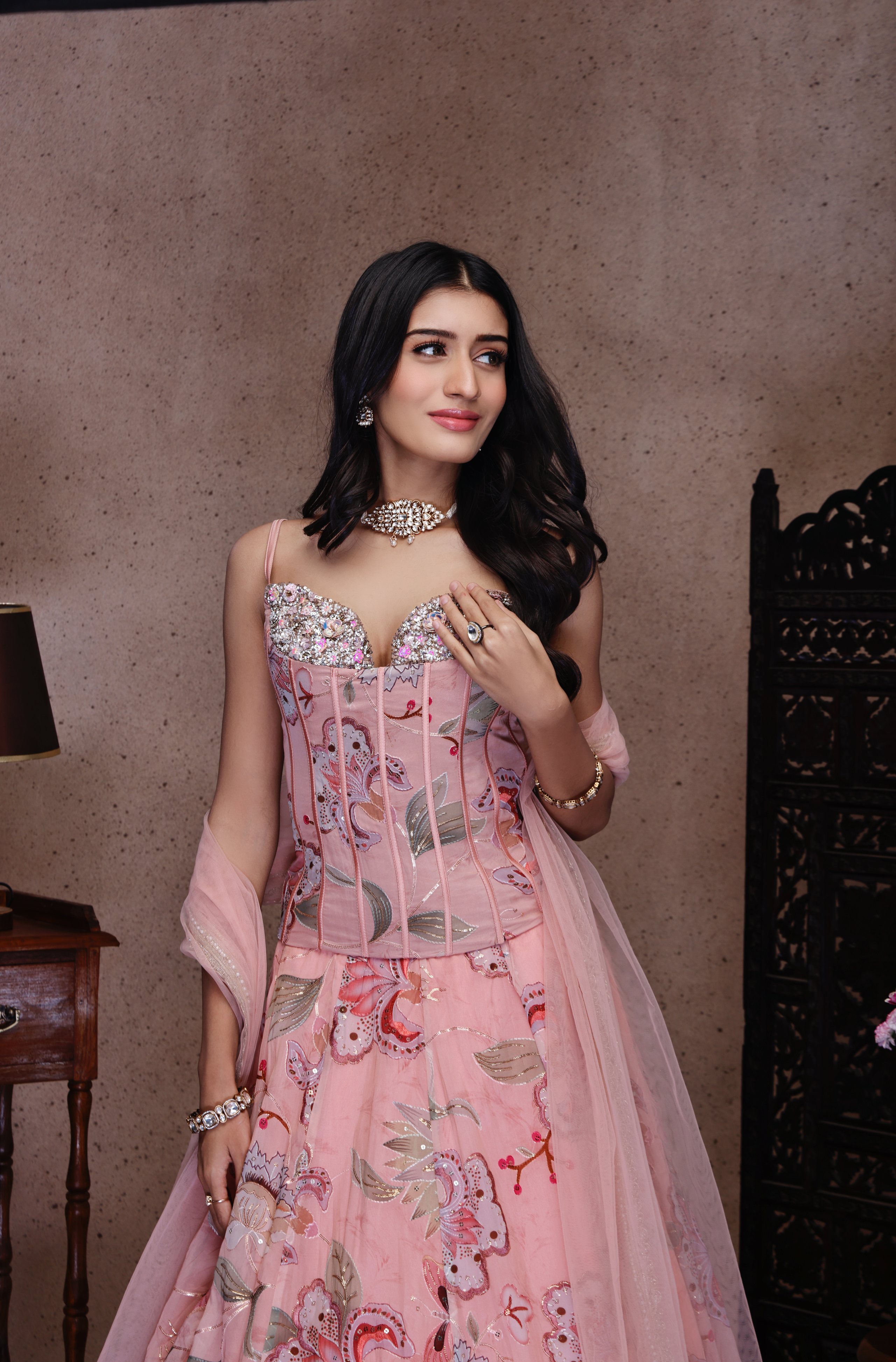 PINK EMBROIDERY CORSET WITH SKIRT AND DUPATTA