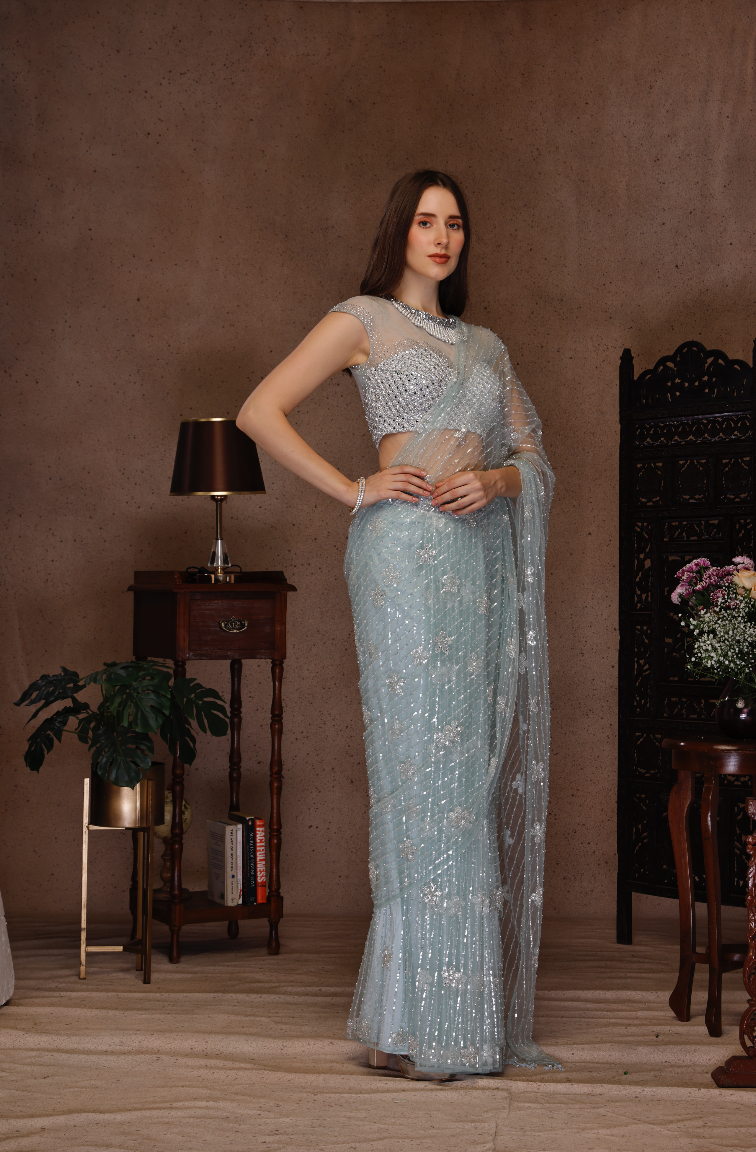 AQUA BLUE TOP WITH DRAPE SAREE