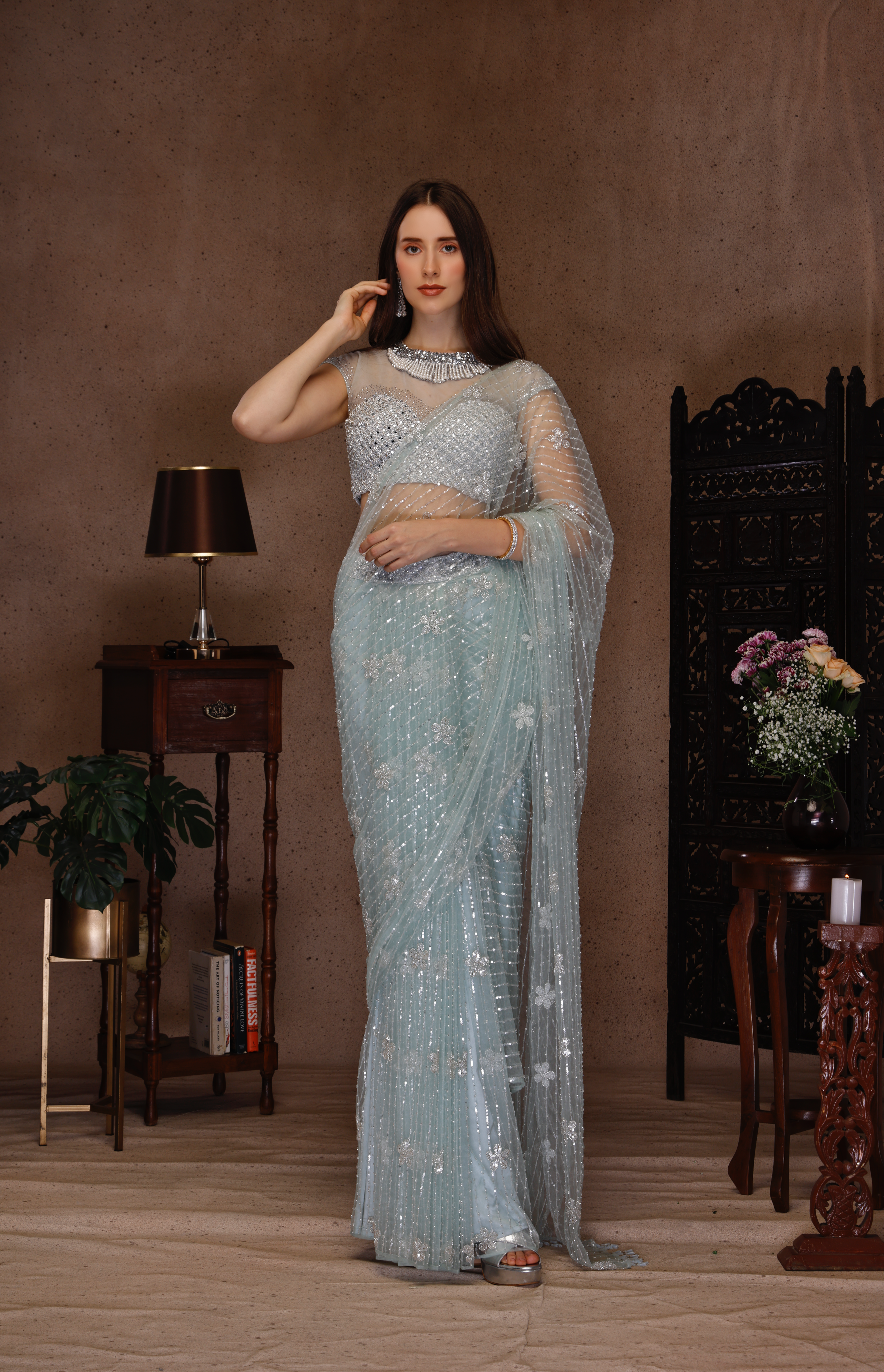 AQUA BLUE TOP WITH DRAPE SAREE