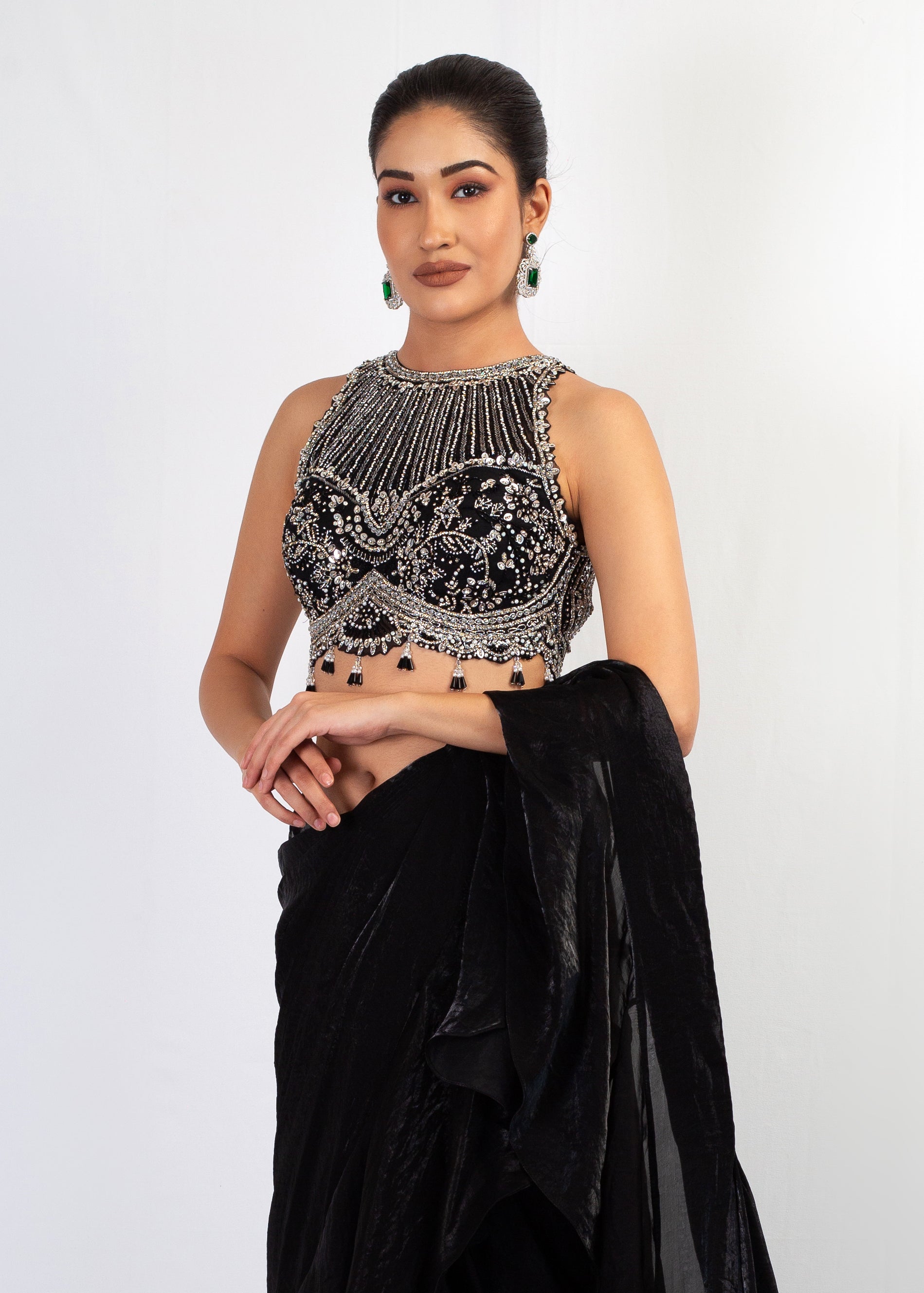 EMBROIDERED TOP WITH BLACK FANDY FRIL SAREE