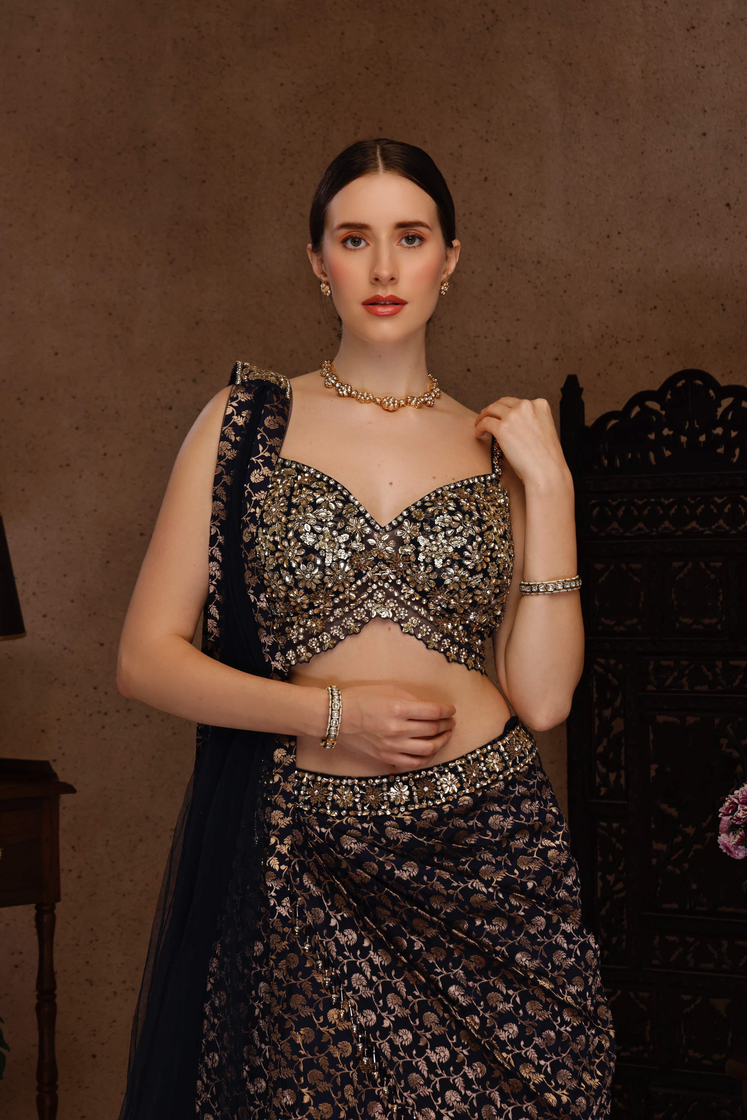 GOLDEN EMBROIDERY TOP WITH BROCADE DRAPE SAREE