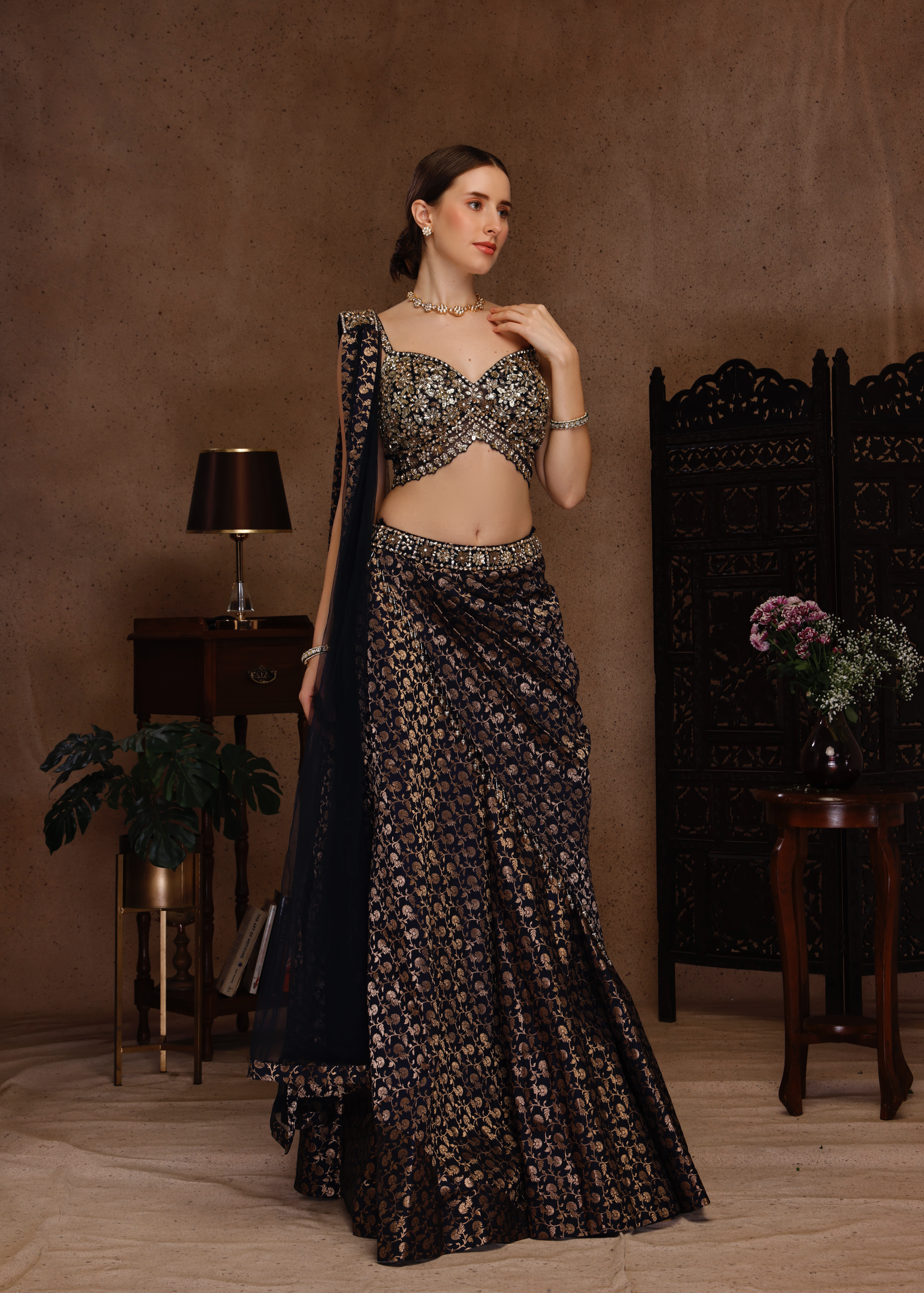 GOLDEN EMBROIDERY TOP WITH BROCADE DRAPE SAREE