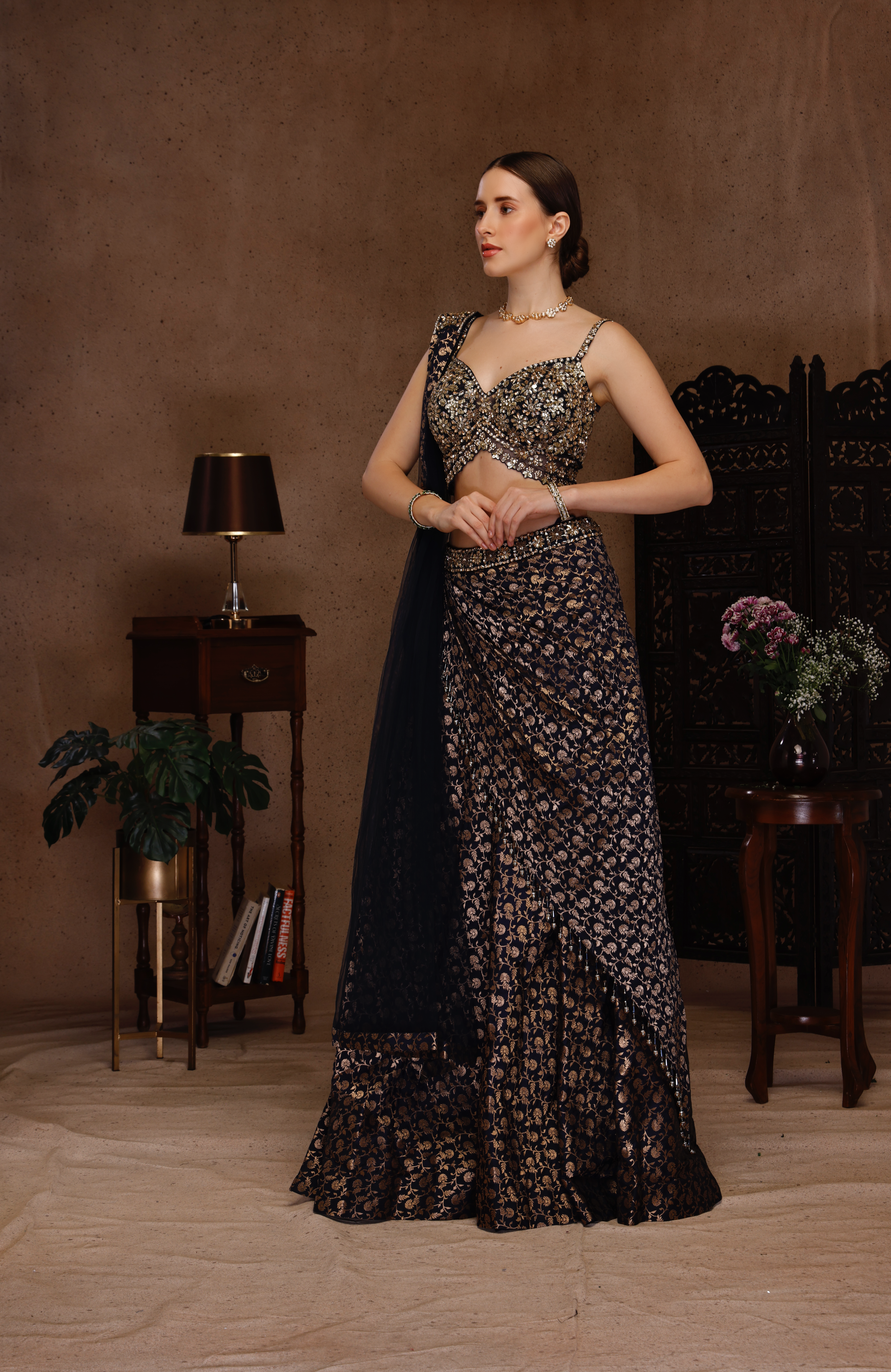 GOLDEN EMBROIDERY TOP WITH BROCADE DRAPE SKIRT
