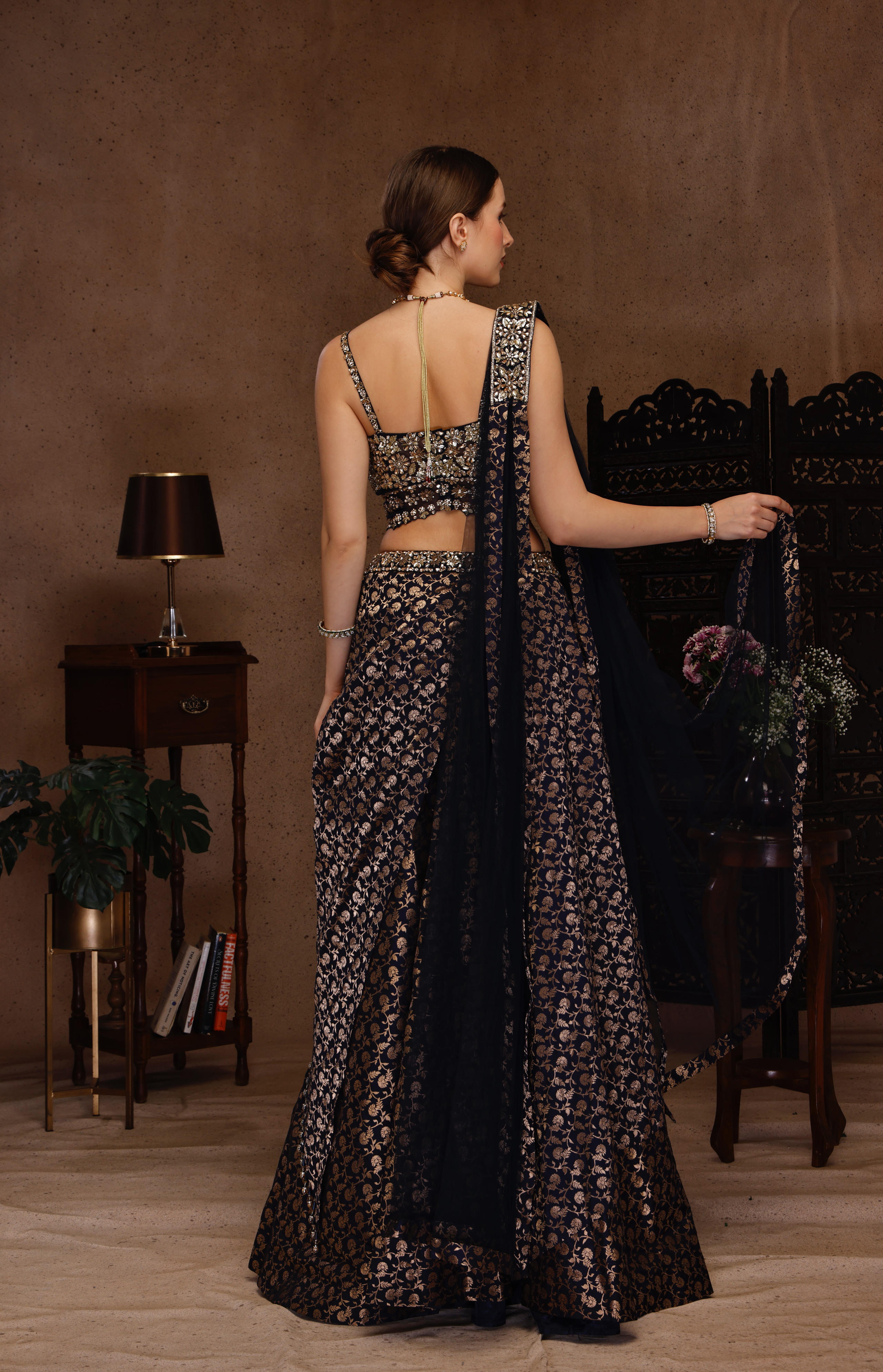 GOLDEN EMBROIDERY TOP WITH BROCADE DRAPE SKIRT
