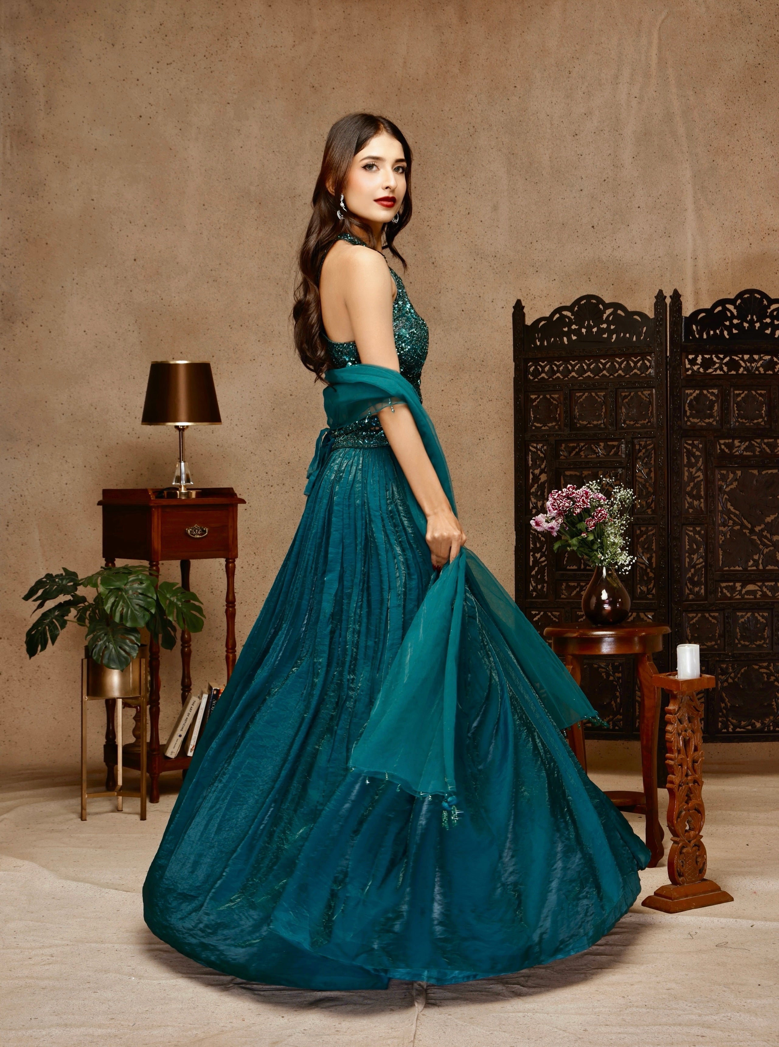 EMBROIDERY TOP WITH FANDI TEAL GREEN  SKIRT