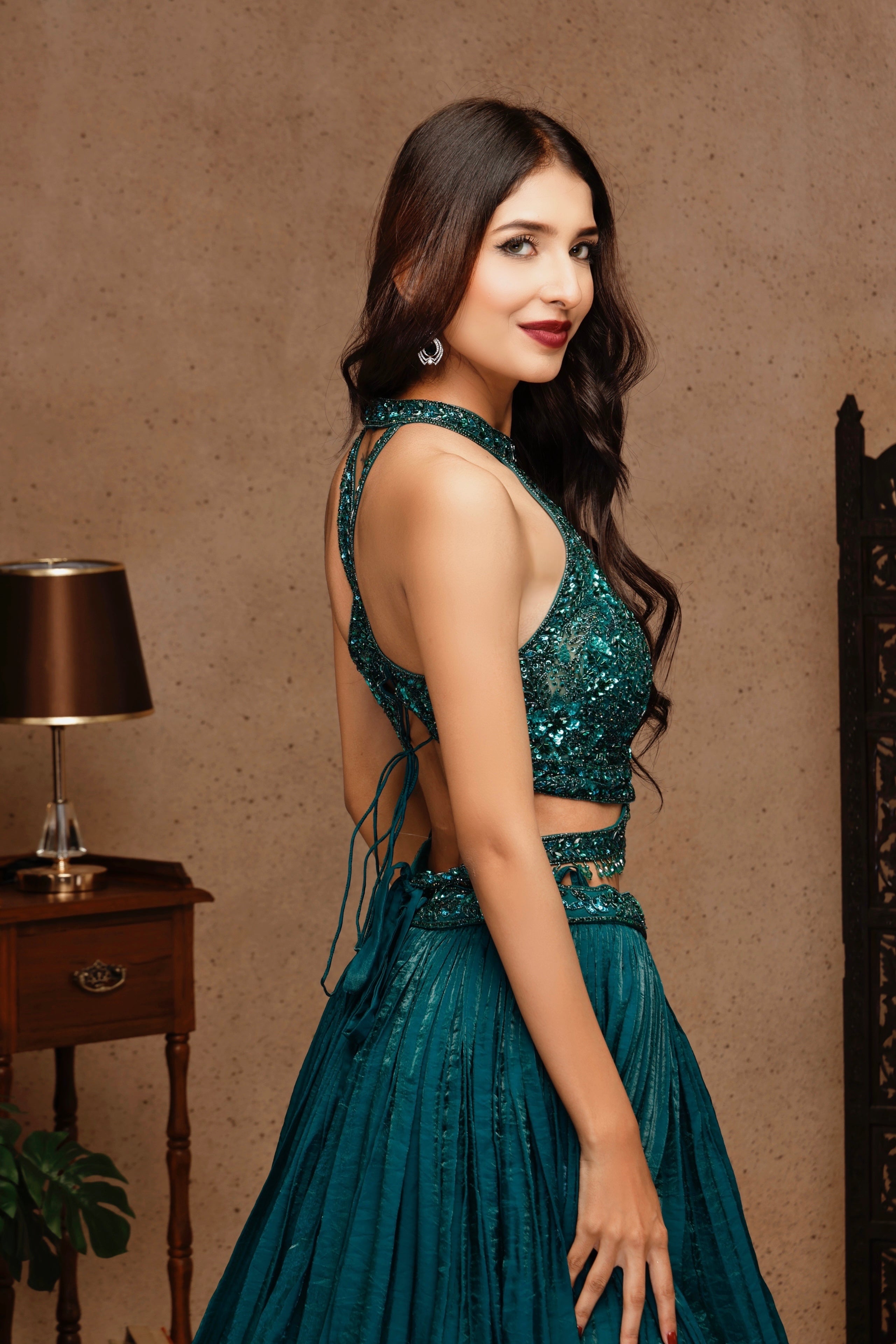EMBROIDERY TOP WITH FANDI TEAL GREEN  SKIRT