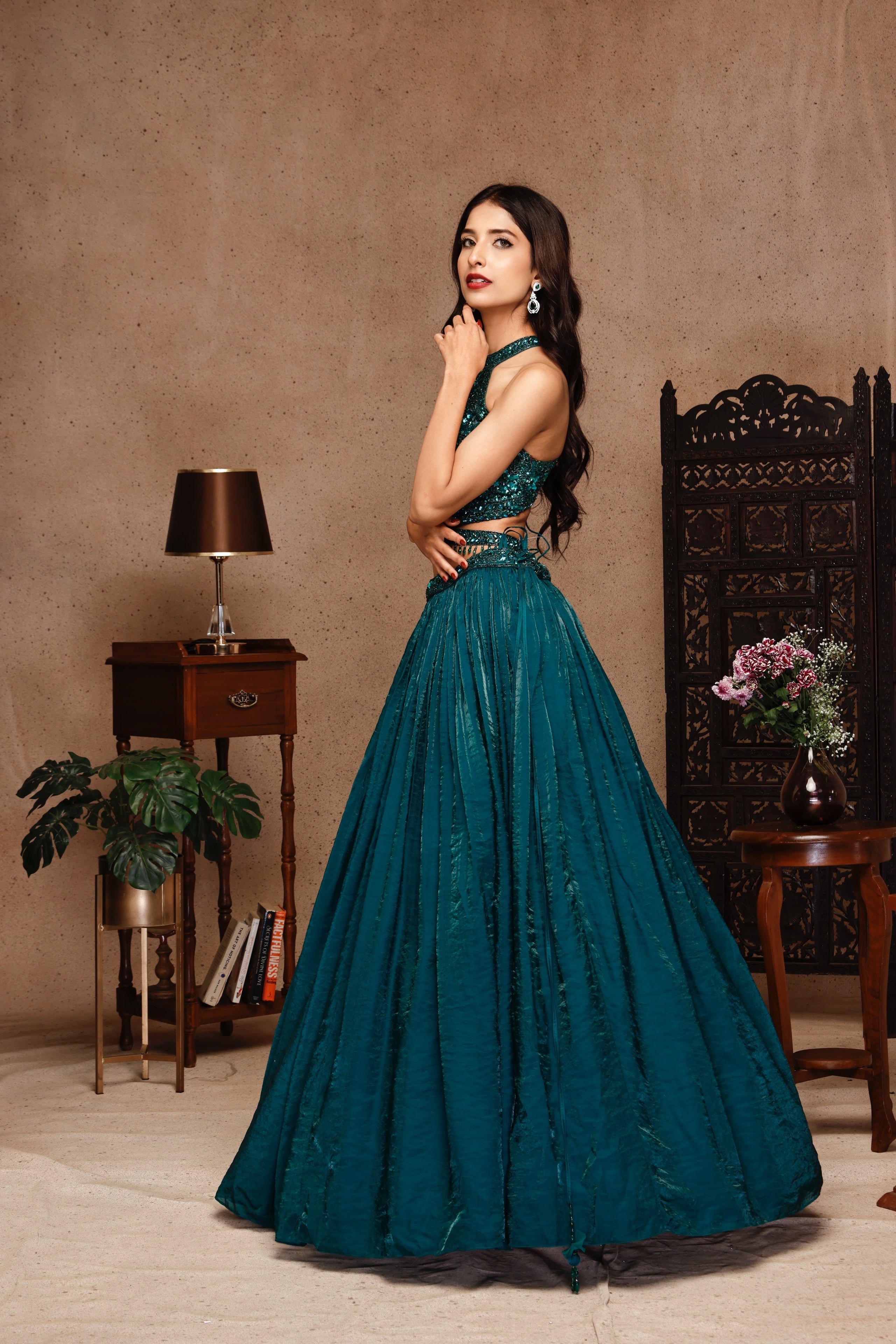 EMBROIDERY TOP WITH FANDI TEAL GREEN  SKIRT