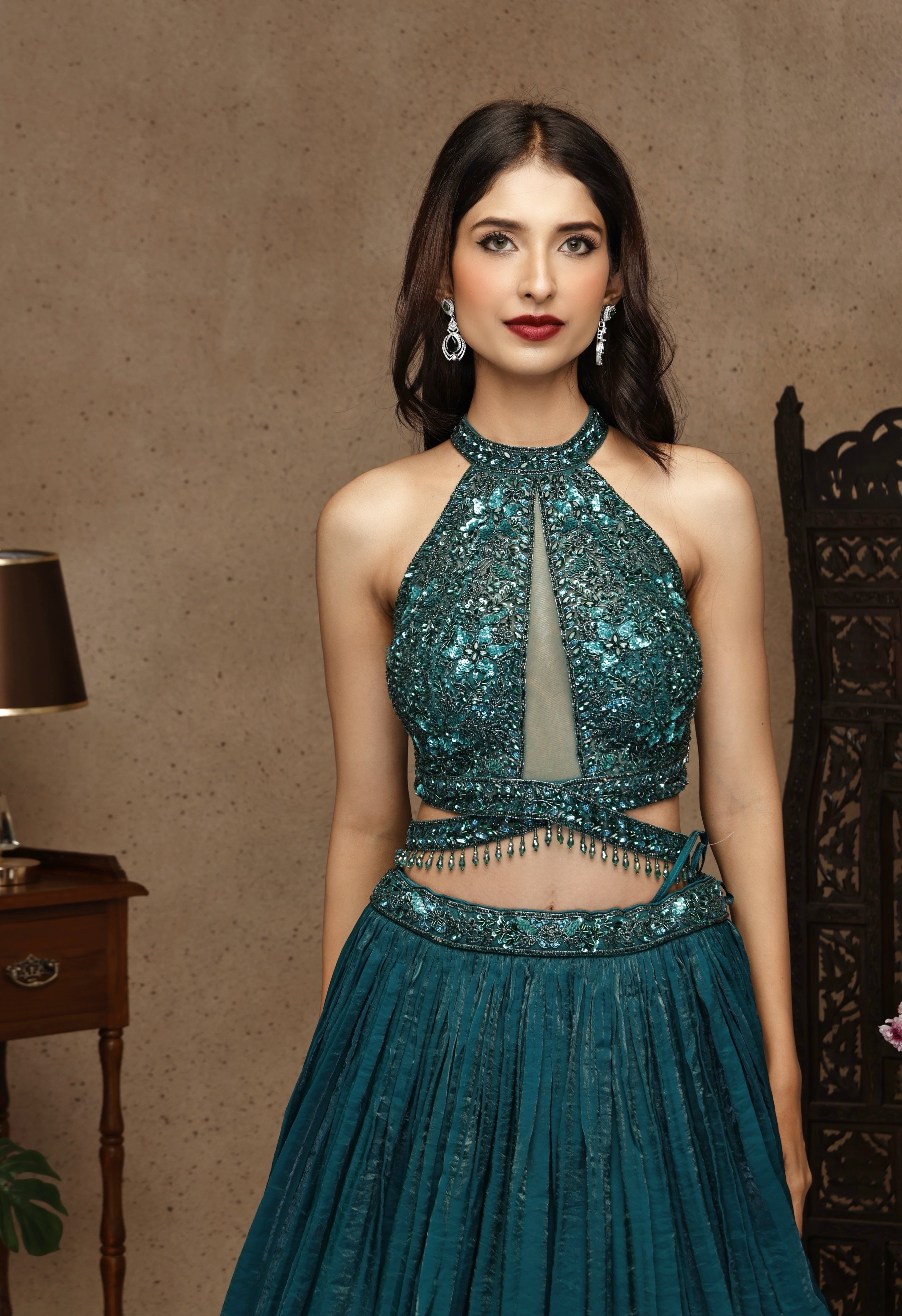 EMBROIDERY TOP WITH FANDI TEAL GREEN  SKIRT