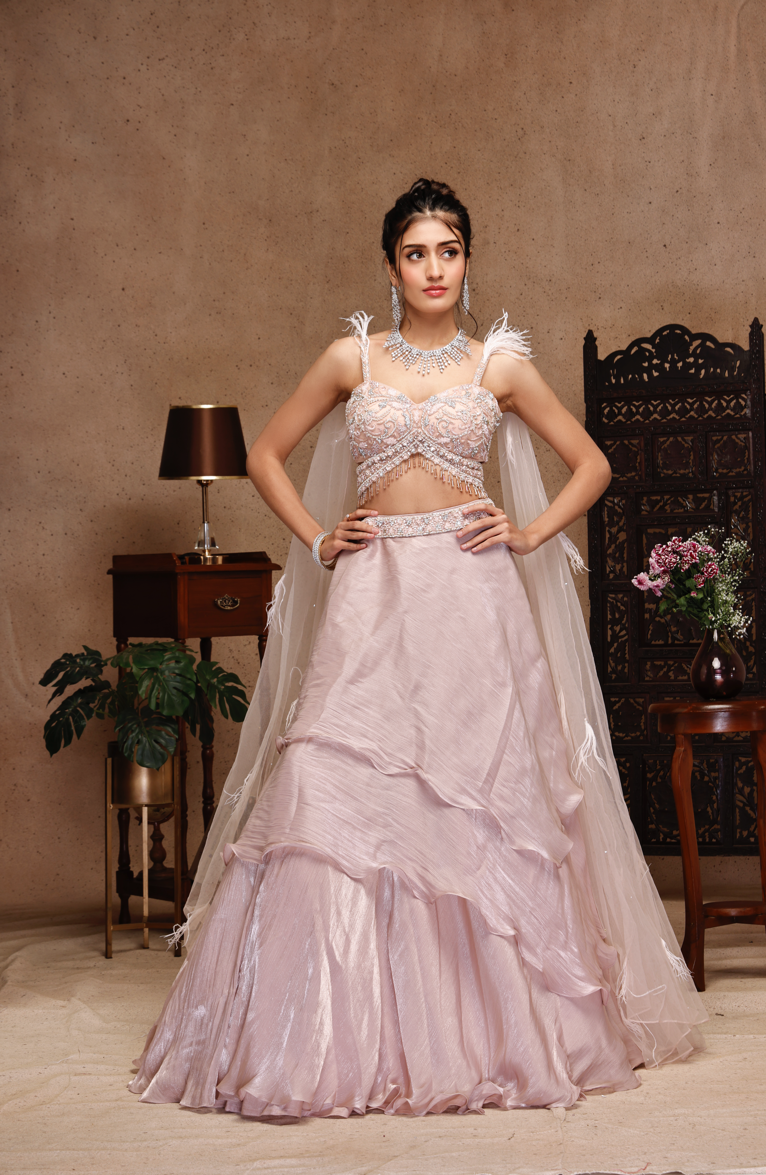 PEACH EMBROIDERY TOP WITH PEACH RUSSING SKIRT