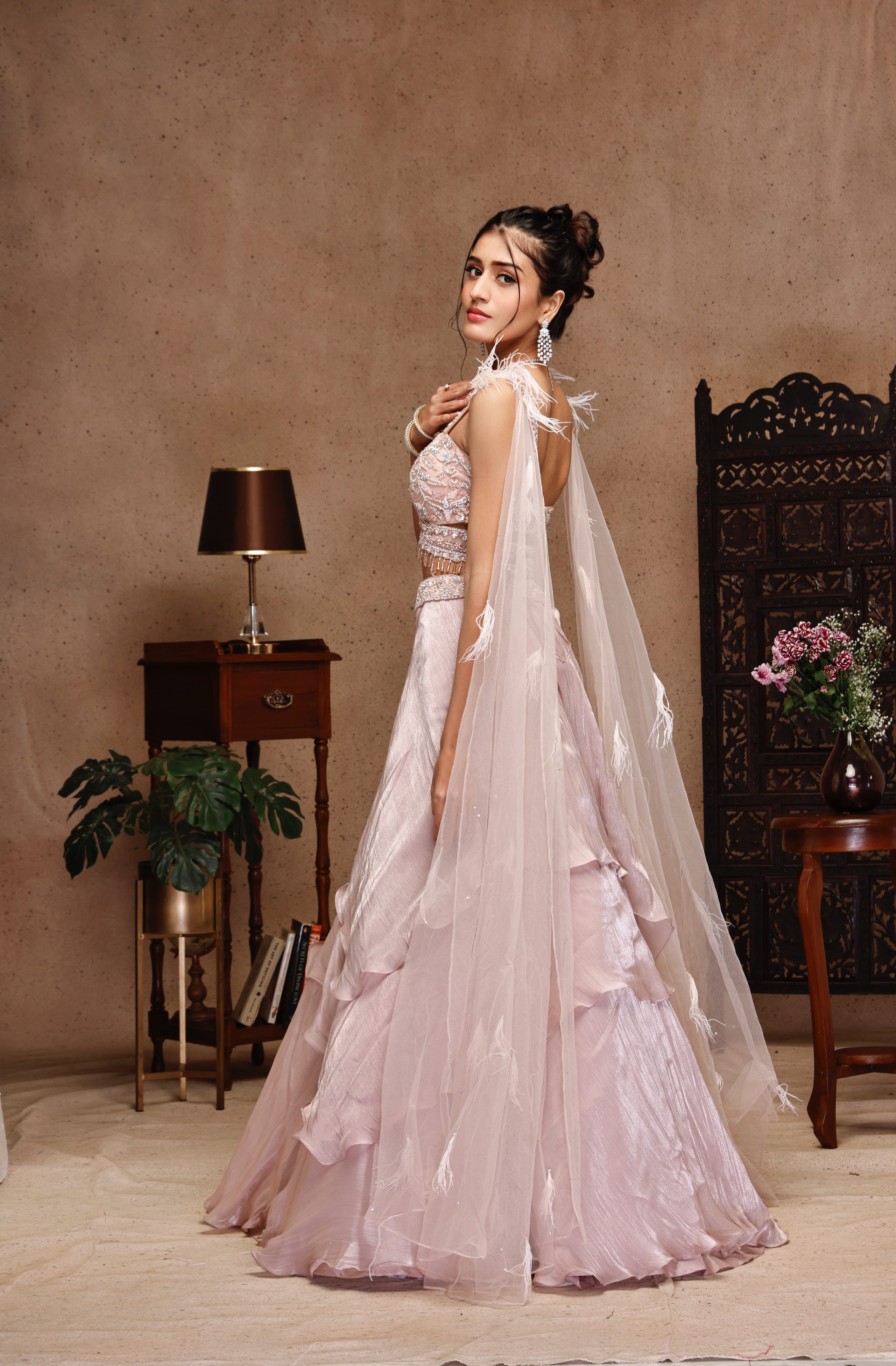 PEACH EMBROIDERY TOP WITH PEACH RUSSING SKIRT