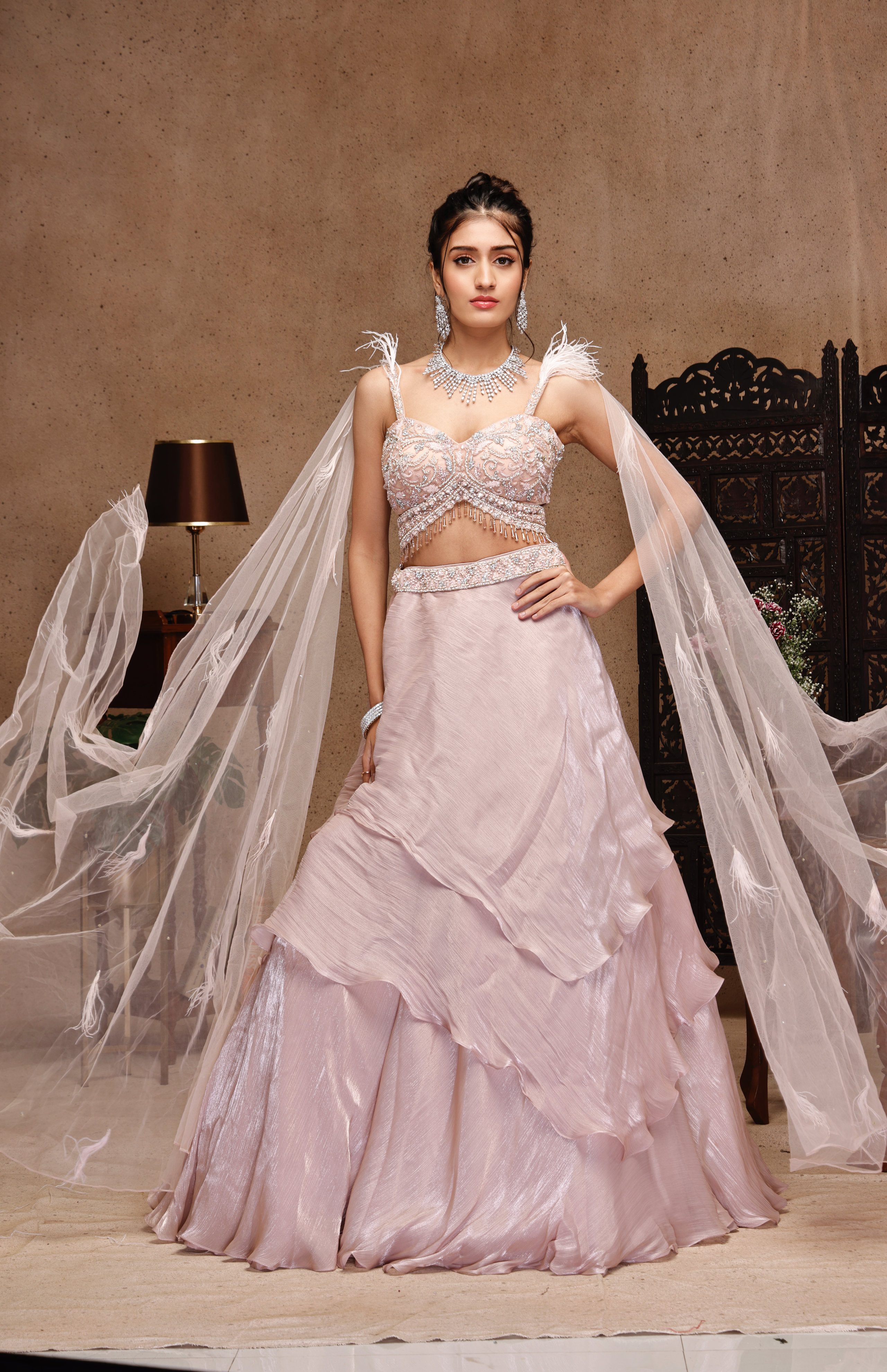 PEACH EMBROIDERY TOP WITH PEACH RUSSING SKIRT