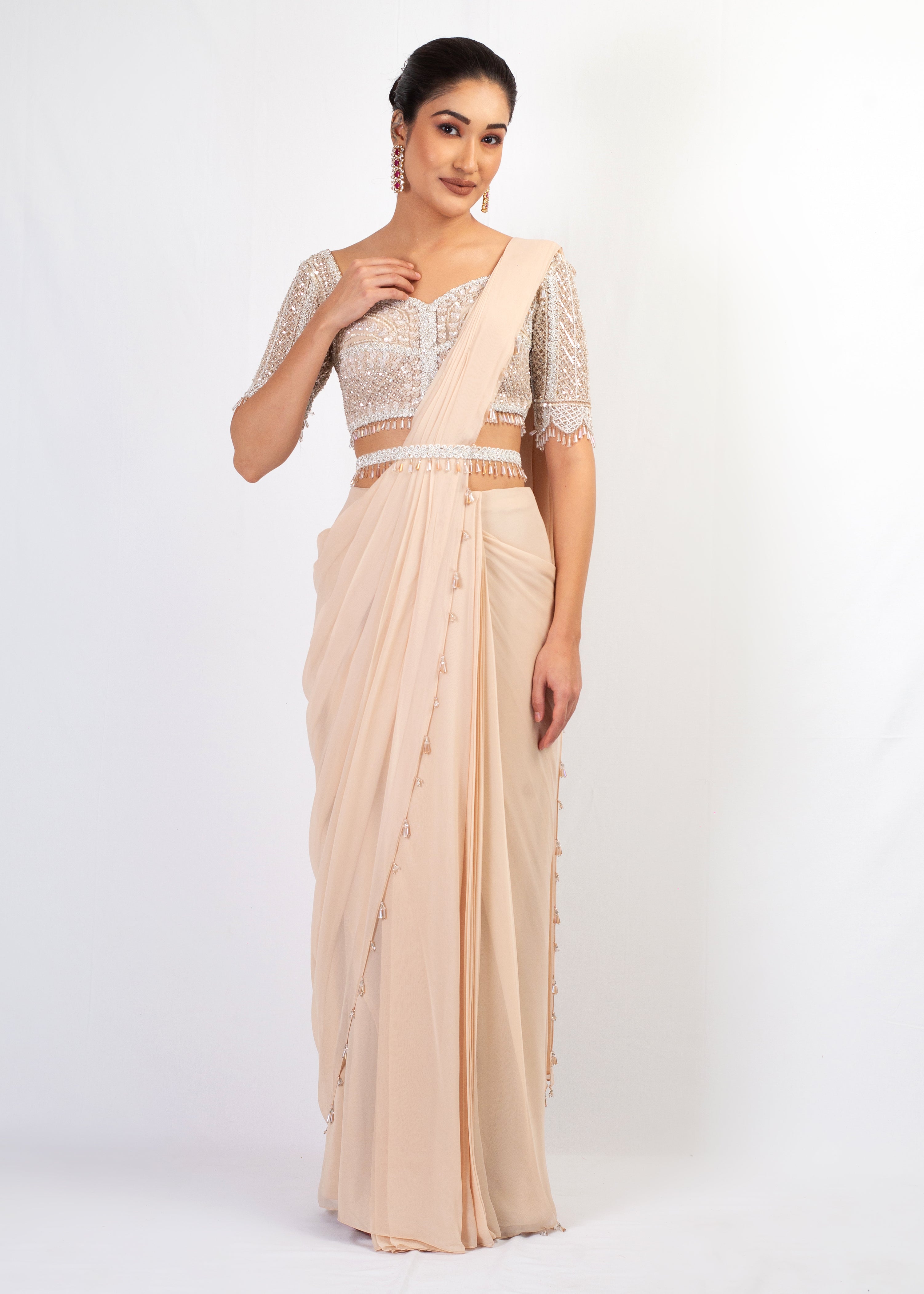 NUDE EMBROIDERED TOP WITH DRAPE GEOOGETTE SAREE