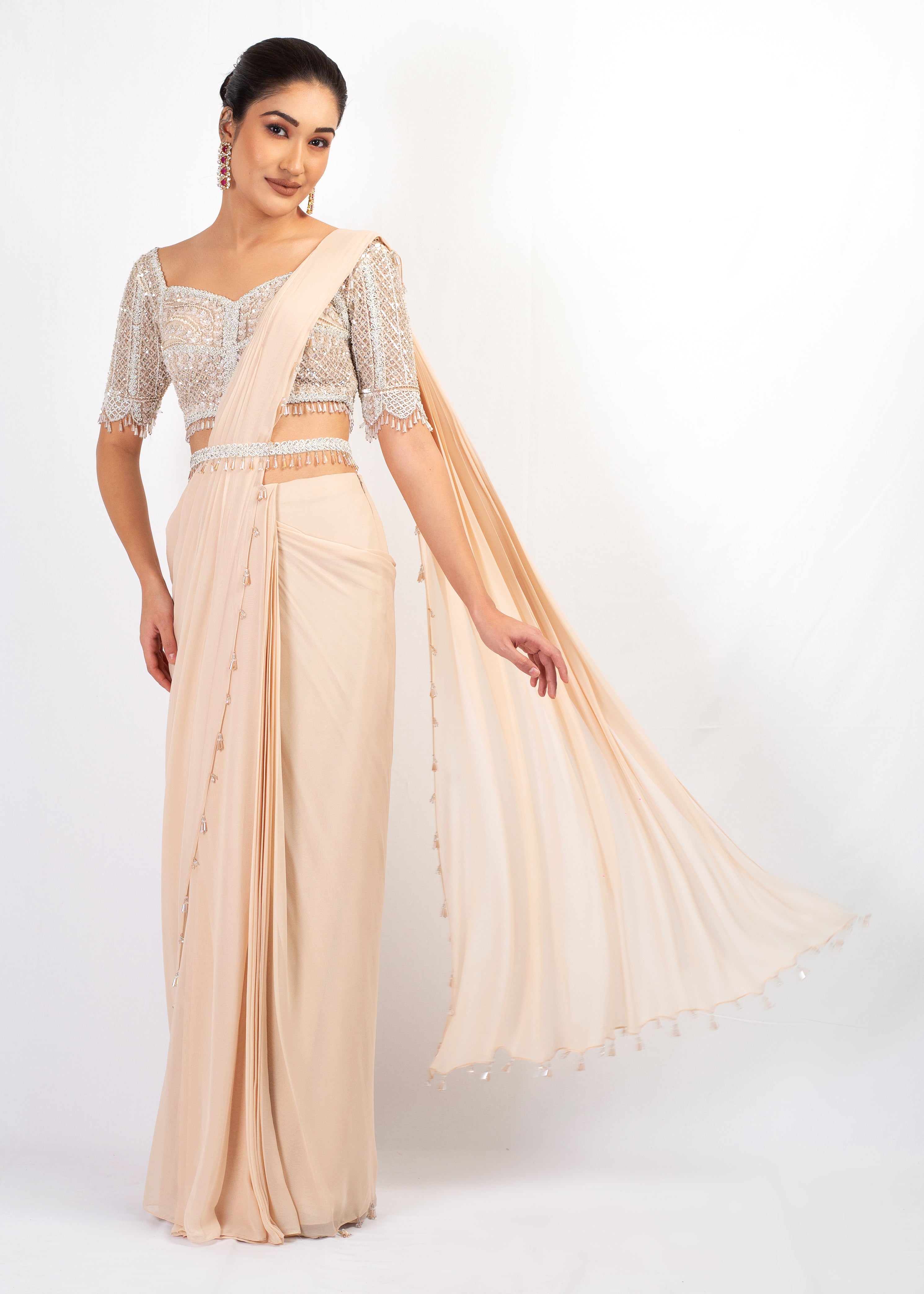 NUDE EMBROIDERED TOP WITH DRAPE GEOOGETTE SAREE