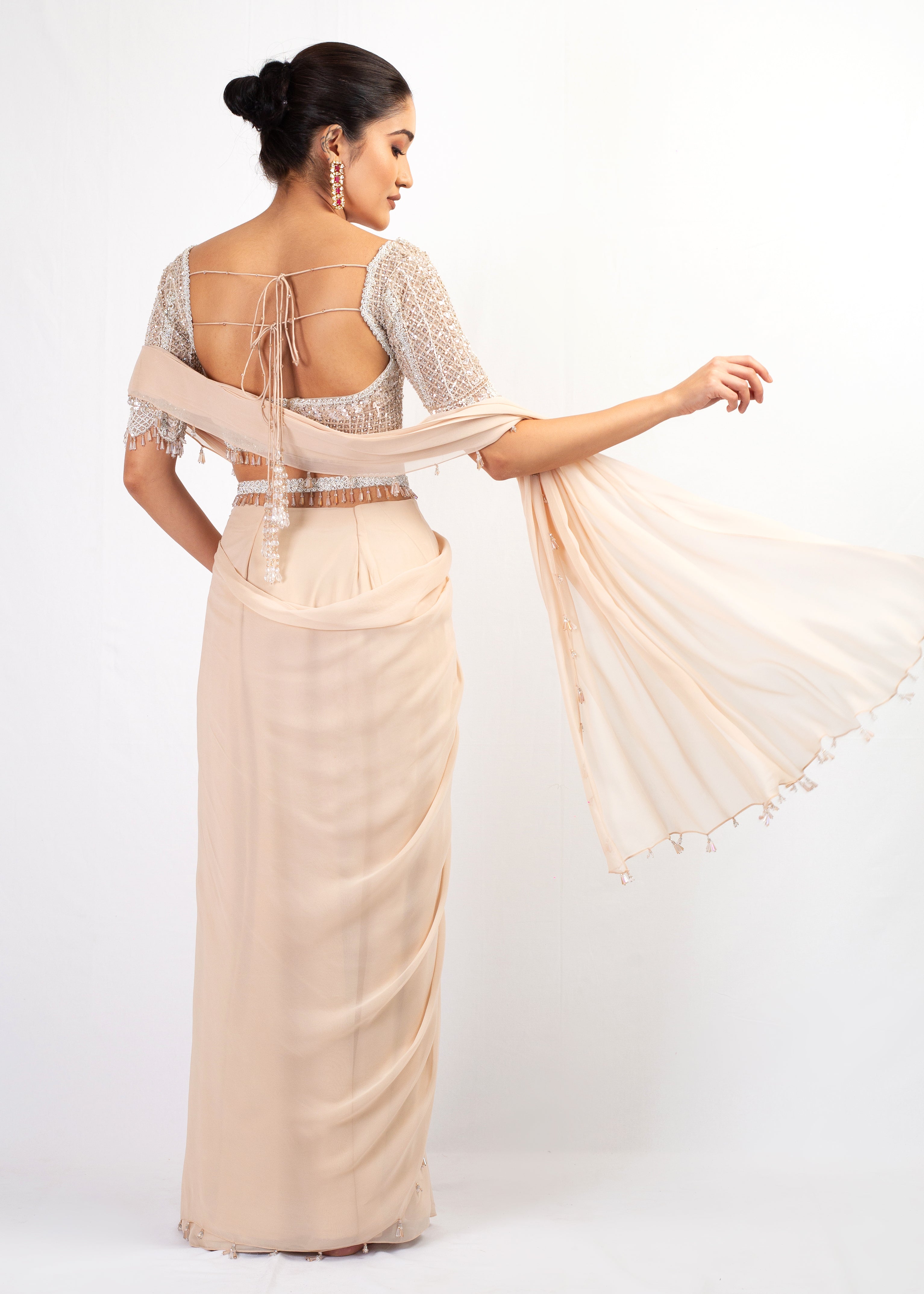 NUDE EMBROIDERED TOP WITH DRAPE GEOOGETTE SAREE