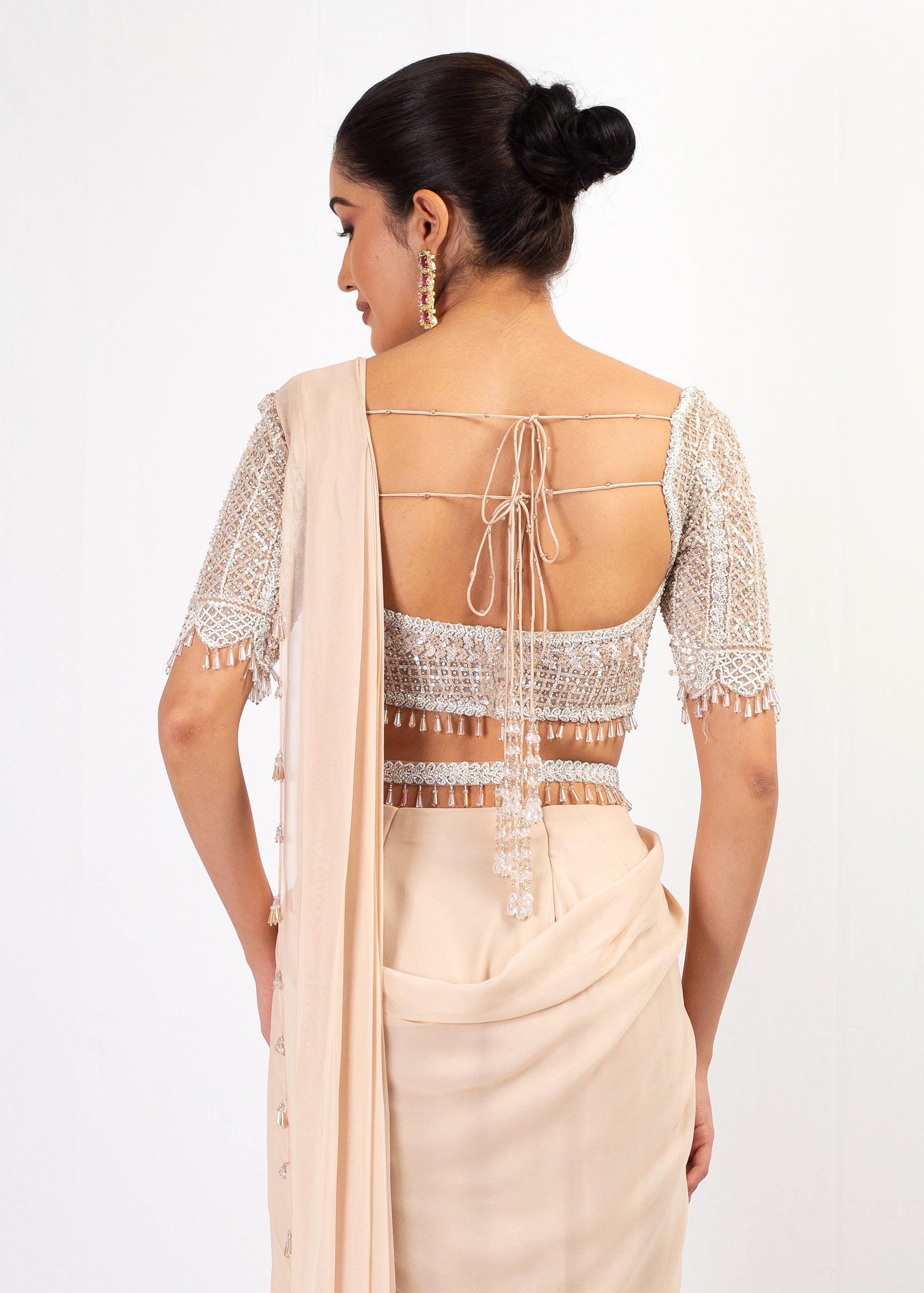 NUDE EMBROIDERED TOP WITH DRAPE GEOOGETTE SAREE