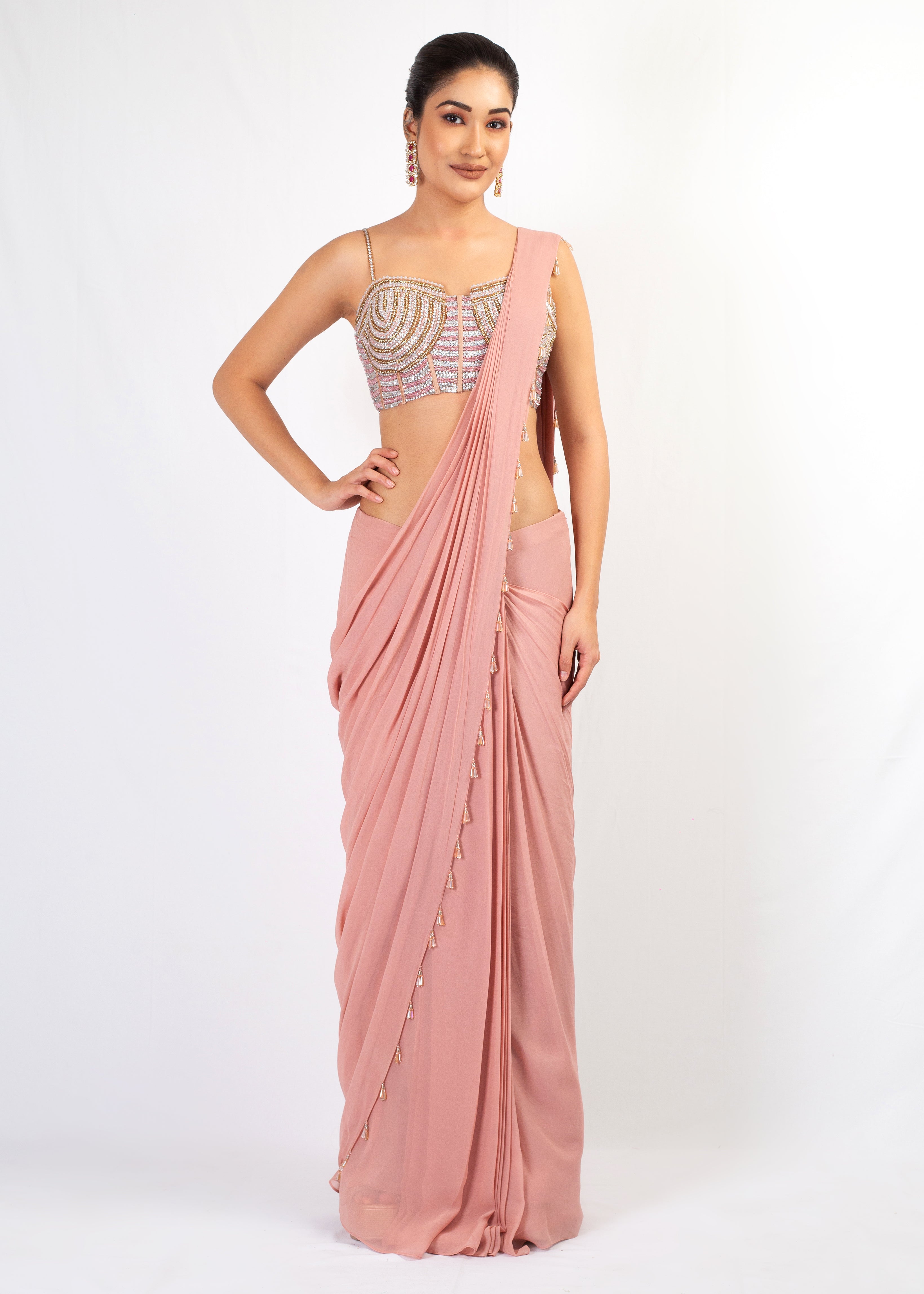 STRAP EMBROIDERED TOP WITH PINK GEORGETTE DRAPE SAREE